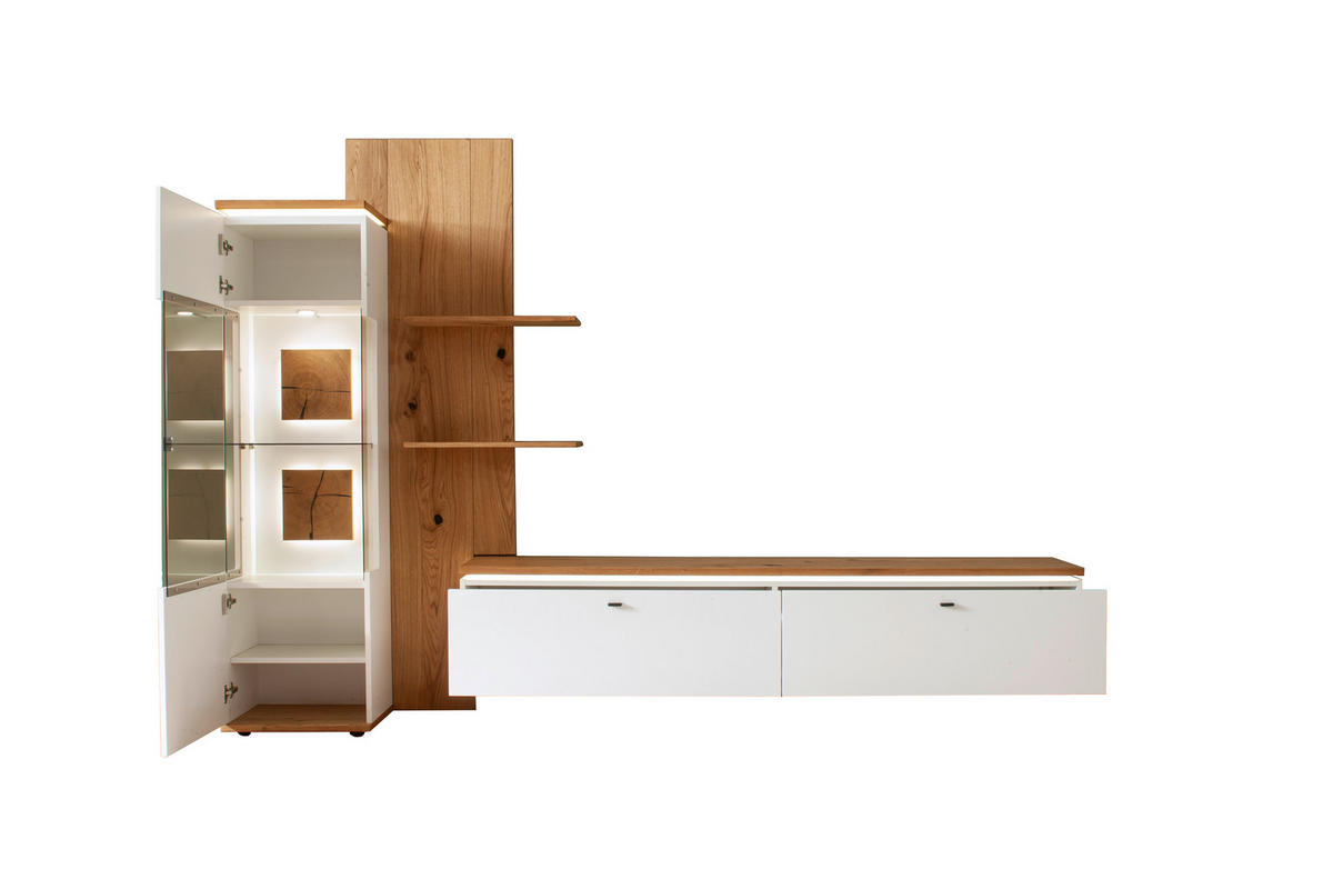 WOHNWAND  in Weiss, Eiche Bianco 303/203/50 cm  - Weiss/Eiche Bianco, Design, Glas/Holz (303/203/50cm) - Novel