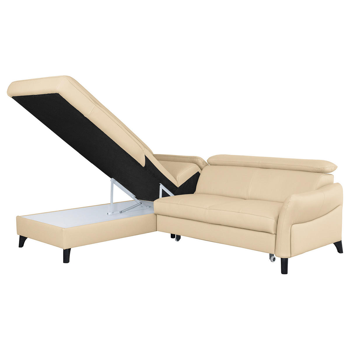 ECKSOFA Beige Echtleder Lederlook  - Beige/Schwarz, Design, Leder/Holz (199/244cm) - Livetastic