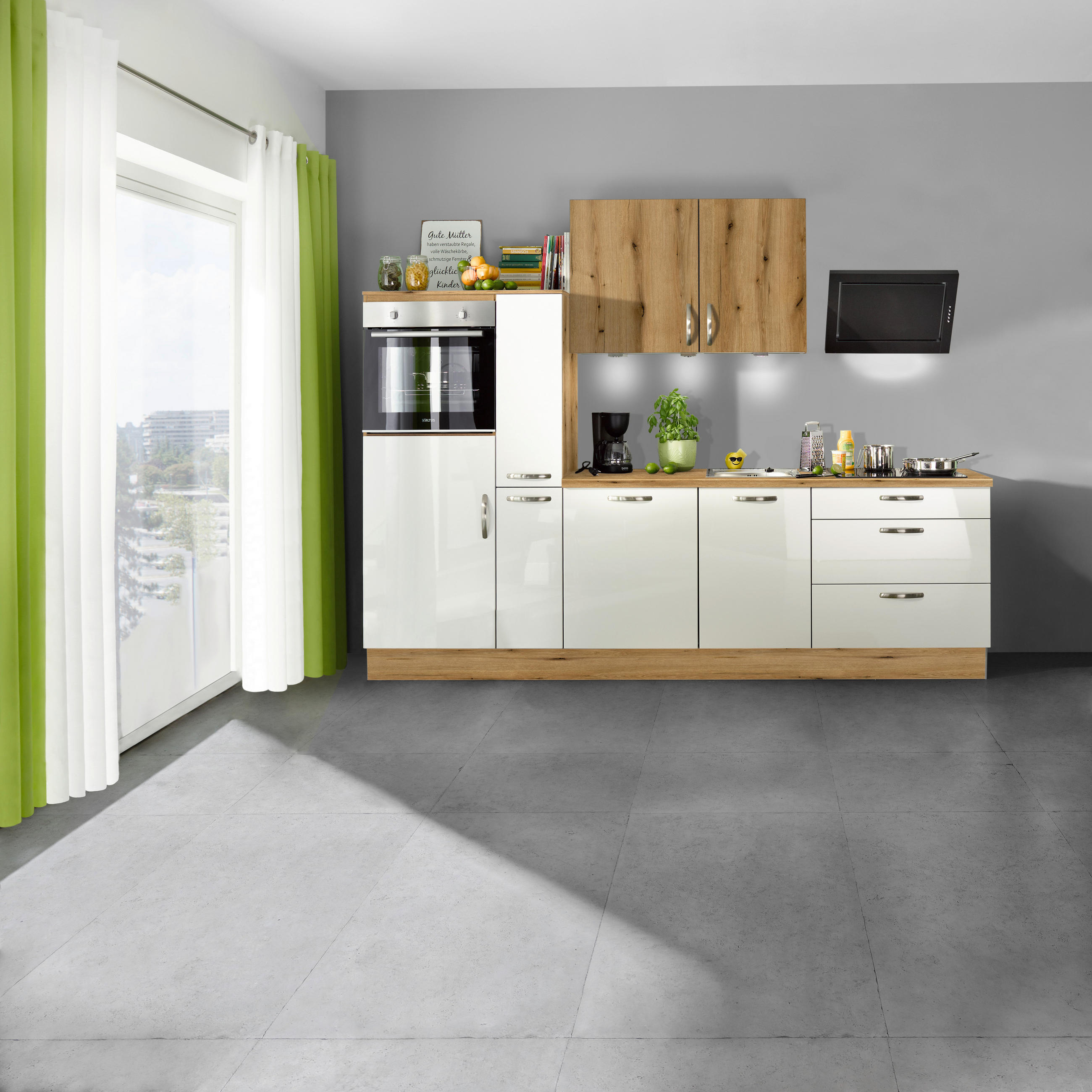 KÜCHENBLOCK 280 cm   in Eichefarben, Weiß Hochglanz  - Edelstahlfarben/Eichefarben, MODERN, Holzwerkstoff/Metall (280cm) - Xora