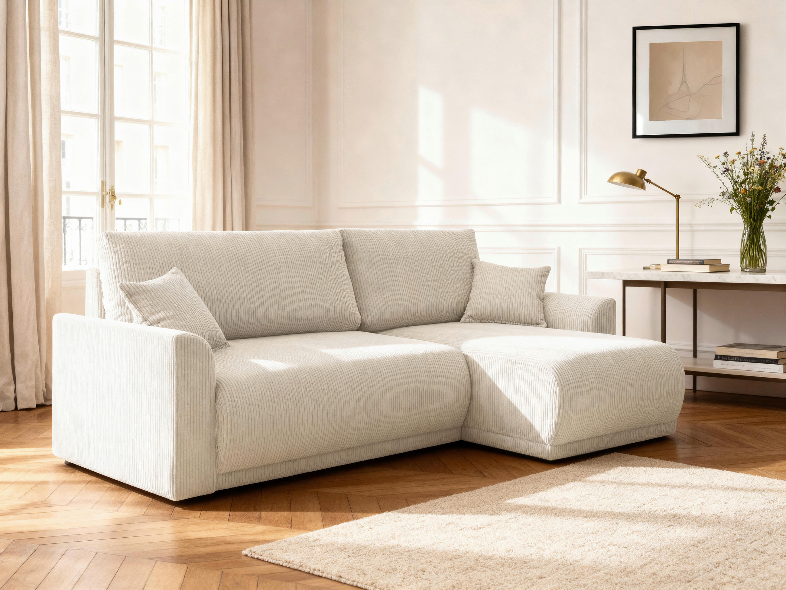 ECKSOFA KIMMY Creme Cord Zierkissen, Rückenkissen, Bettkasten  - Creme/Schwarz, Design, Kunststoff/Textil (233/146cm) - P & B
