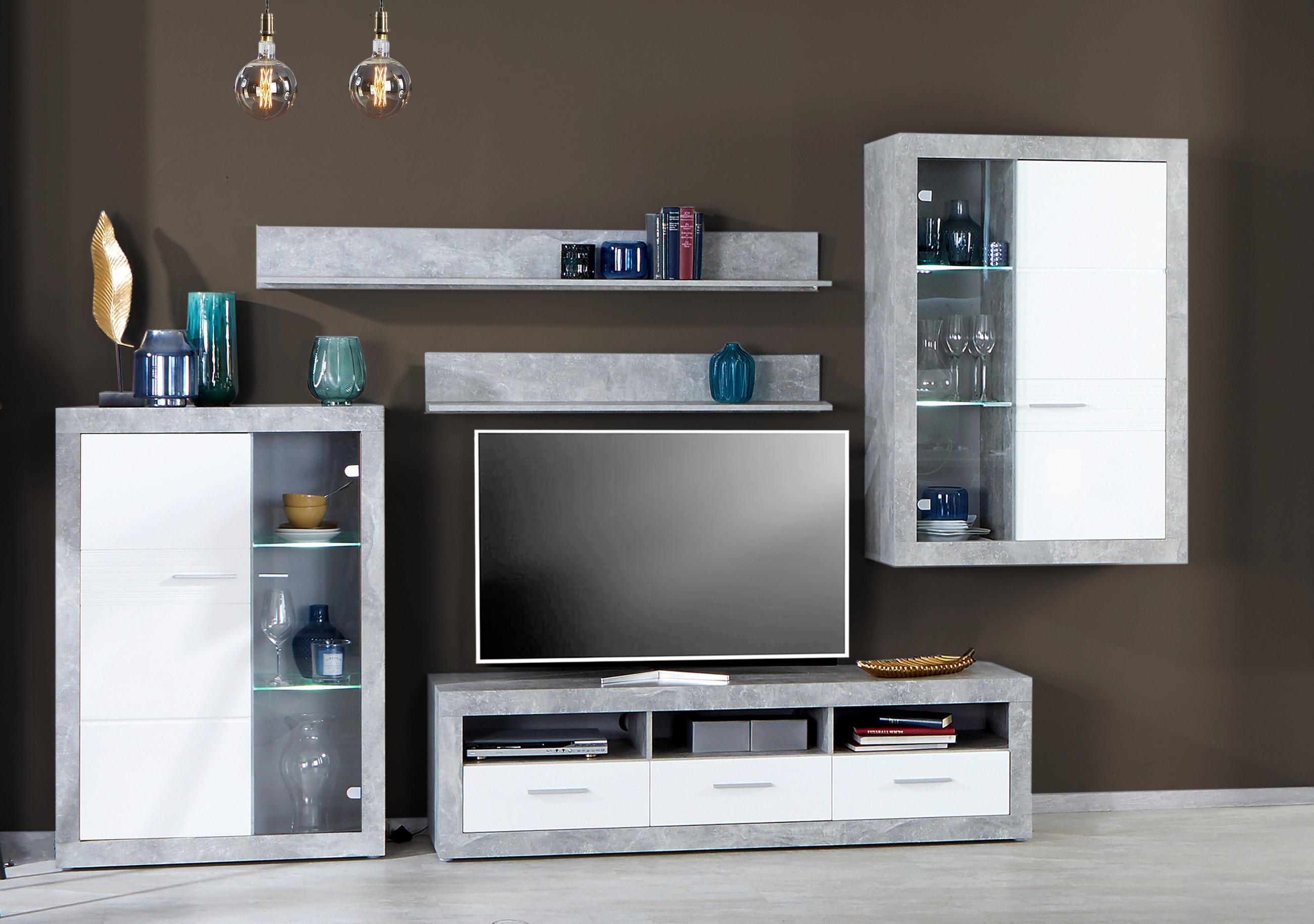 Wohnkombination 5 -Teilig. mit Led Malta 6, Betonoptik/Weiß