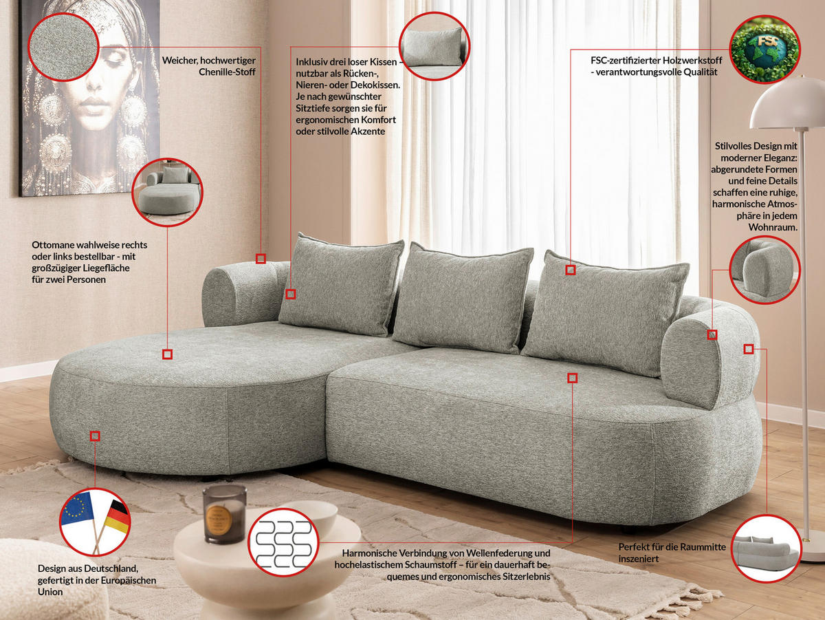 ECKSOFA in Chenille Hellgrau  - Hellgrau/Schwarz, Design, Kunststoff/Textil (156/256cm) - Livetastic
