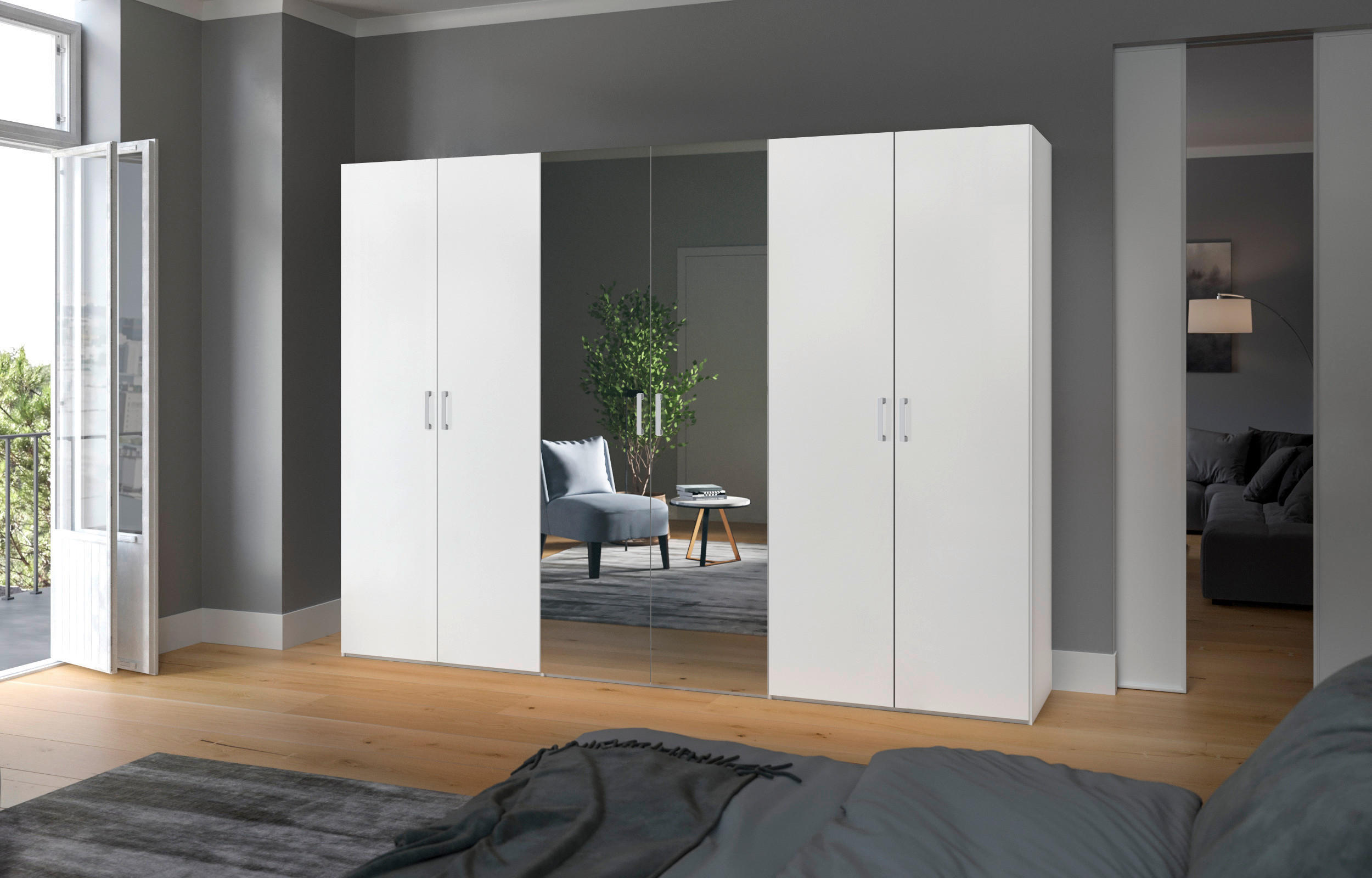 DREHTÜRENSCHRANK 303/236/59 cm 6-türig Weiß  - Chromfarben/Weiß, Design, Glas/Holzwerkstoff (303/236/59cm) - Boxxx