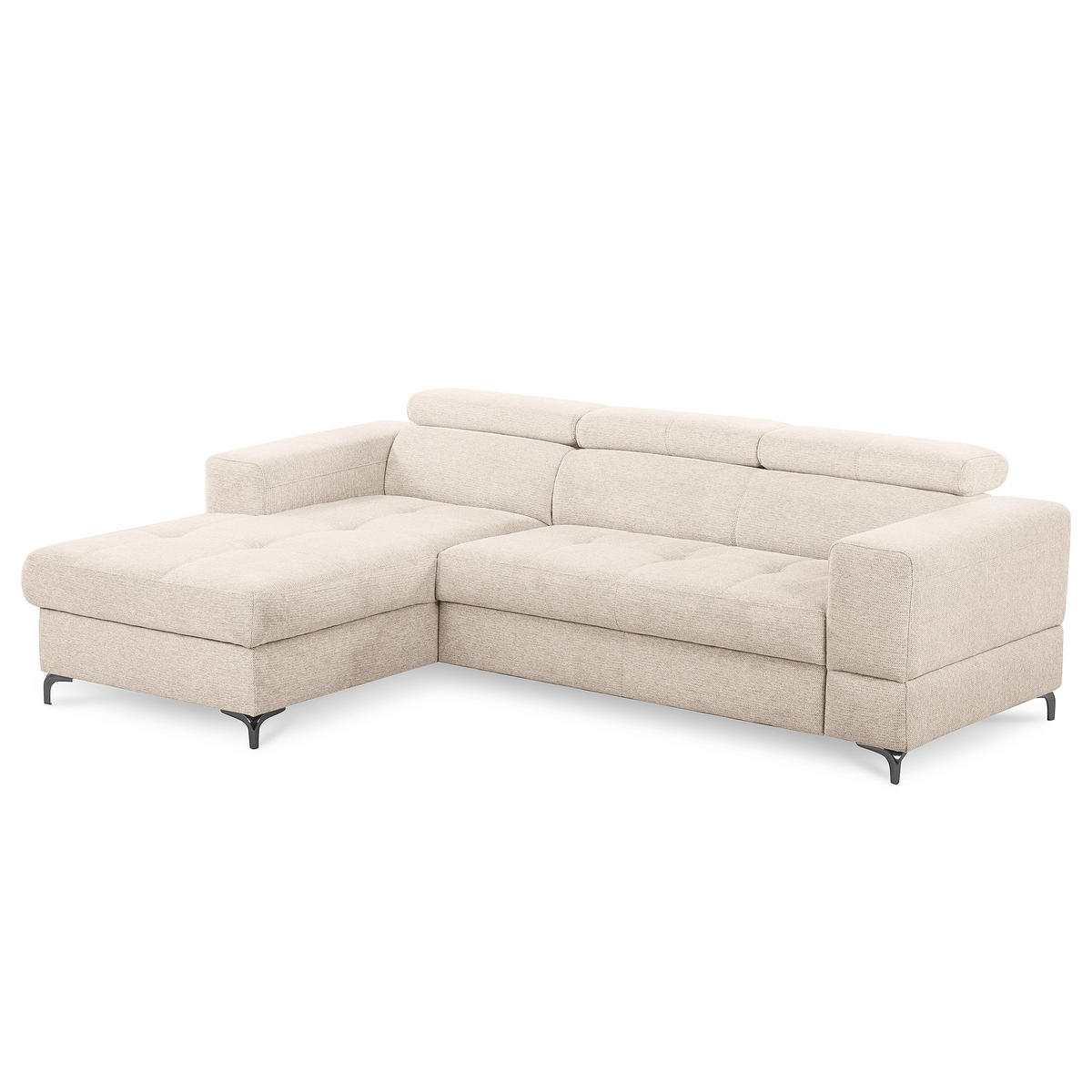 ECKSOFA TORINO Beige Chenille Bettkasten, Kopfteilverstellung  - Beige/Schwarzchrom, Design, Textil/Metall (173/247cm) - Livetastic