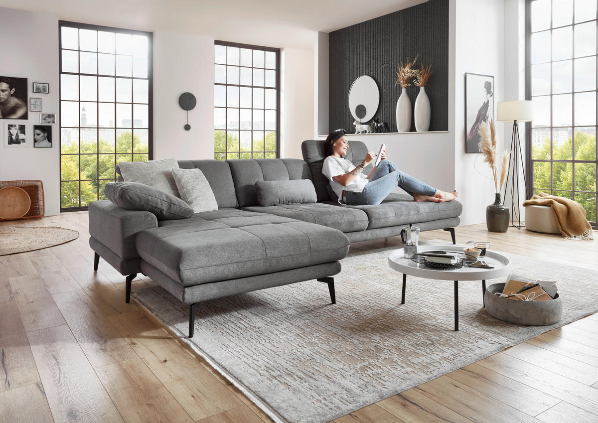ECKSOFA in Flachgewebe Grau  - Schwarz/Grau, Design, Textil/Metall (190/309cm) - Beldomo Style