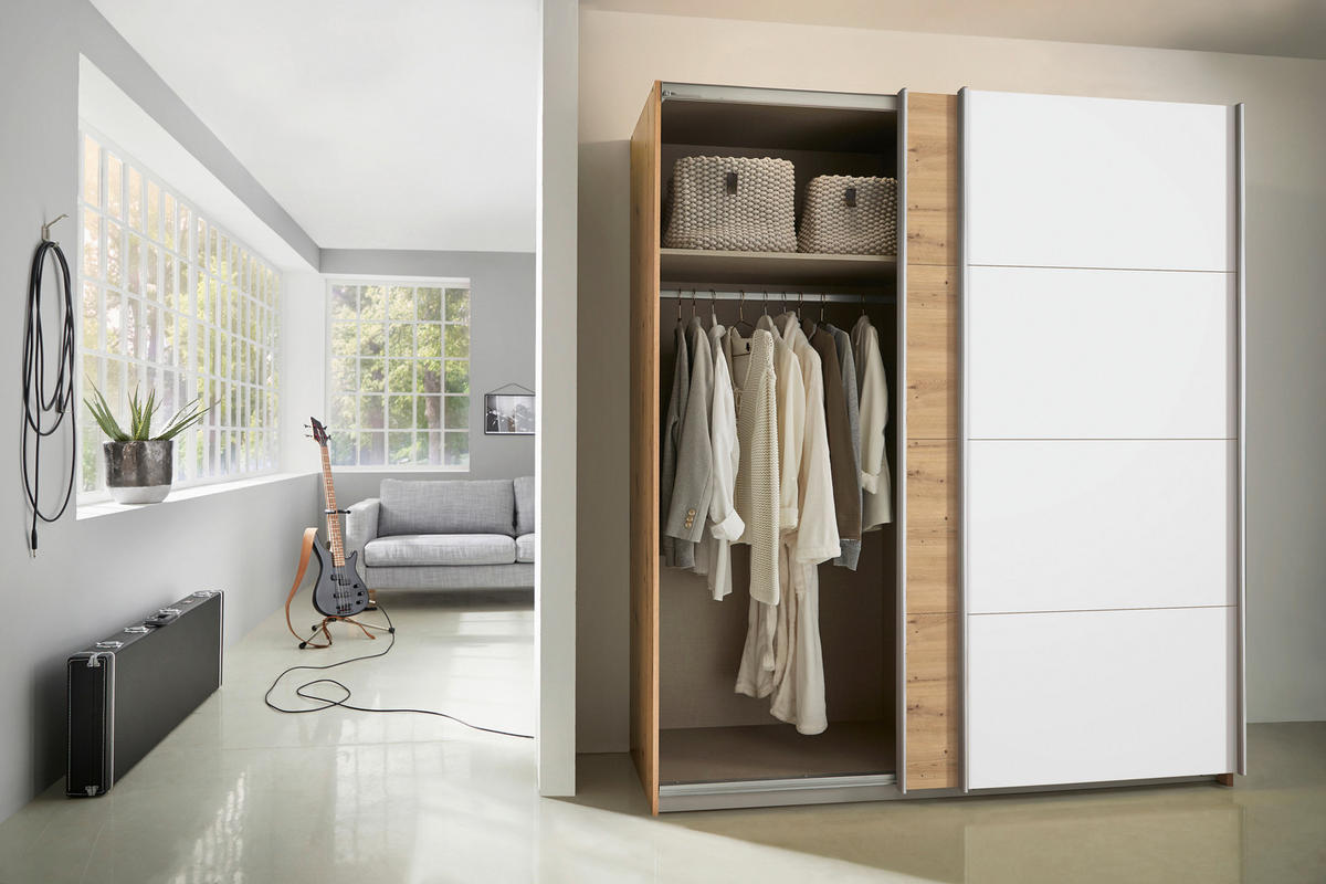 SCHWEBETÜRENSCHRANK 181/197/61 cm Weiß, Eiche Artisan  - Alufarben/Eiche Artisan, MODERN, Holzwerkstoff/Metall (181/197/61cm) - Rauch Möbel