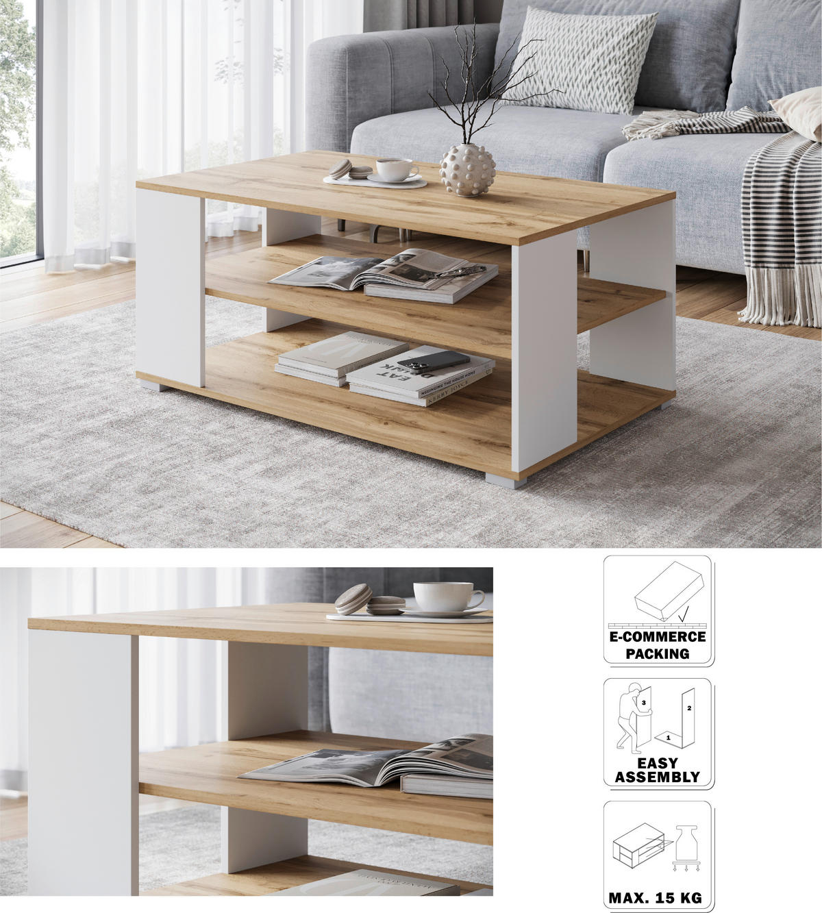 COUCHTISCH in Holzwerkstoff  - Weiss/Eiche Wotan, Trend, Holzwerkstoff/Kunststoff (100/45/60cm) - Livetastic