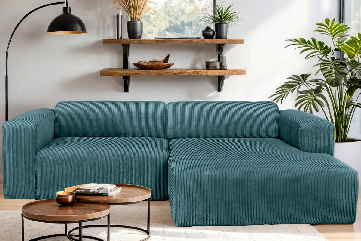 ECKSOFA BASMA in Cord Petrol  298/175 cm  - Petrol/Schwarz, Design, Kunststoff/Textil (298/175cm) - P & B