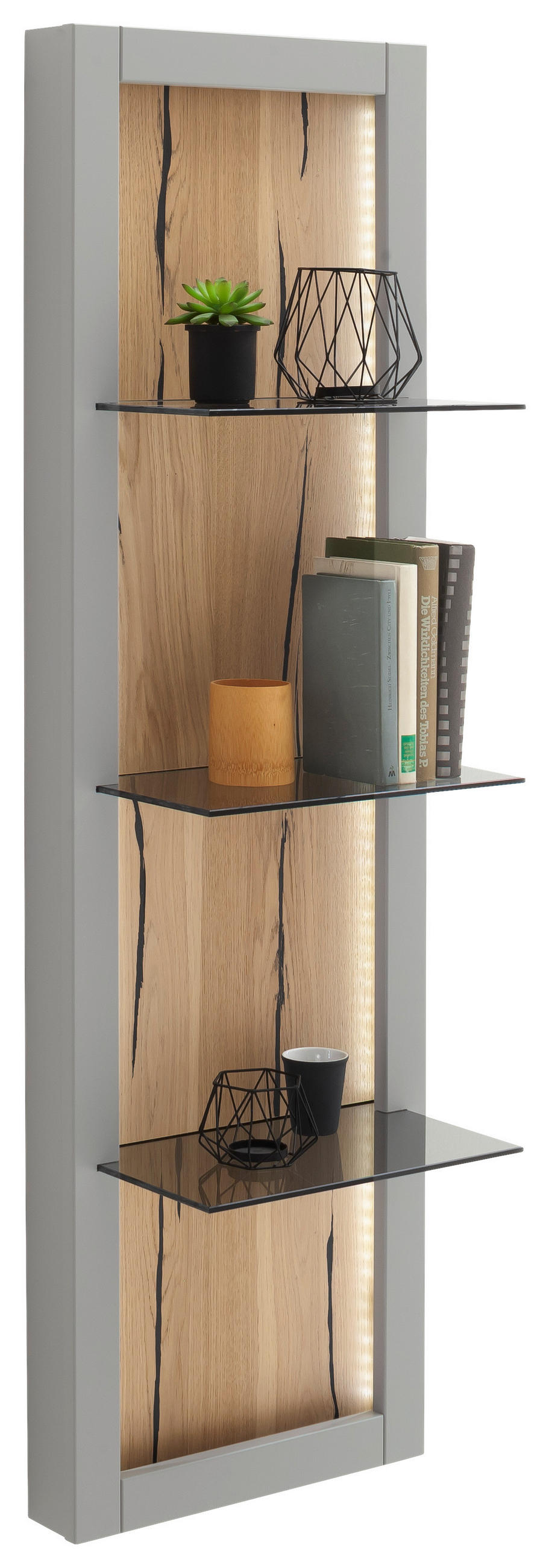 POLICA ZIDNA siva, boje hrasta  staklo, drvni materijal  - siva/boje hrasta, Design, staklo/drvni materijal (40/134/25cm) - MID.YOU