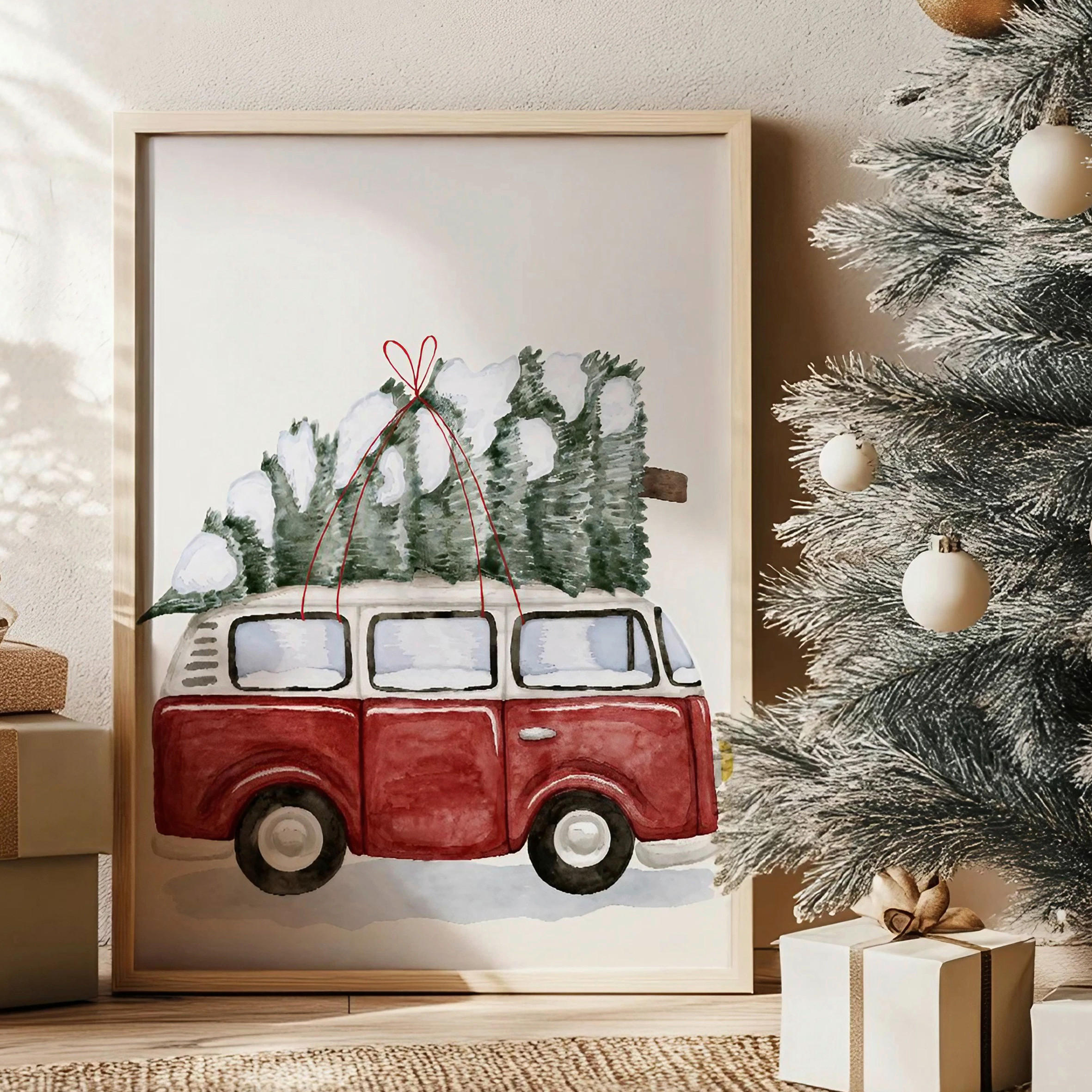 LEINWANDBILD Fahrzeuge, Bäume 33/48/2 cm  - Dunkelgrün/Rot, Basics, Holzwerkstoff (33/48/2cm) - X-Mas