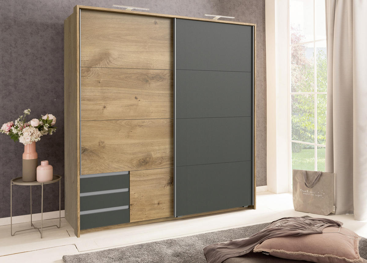 SCHWEBETÜRENSCHRANK in Eichefarben, Anthrazit  - Eichefarben/Anthrazit, Modern, Holzwerkstoff/Kunststoff (180/198/64cm) - MID.YOU