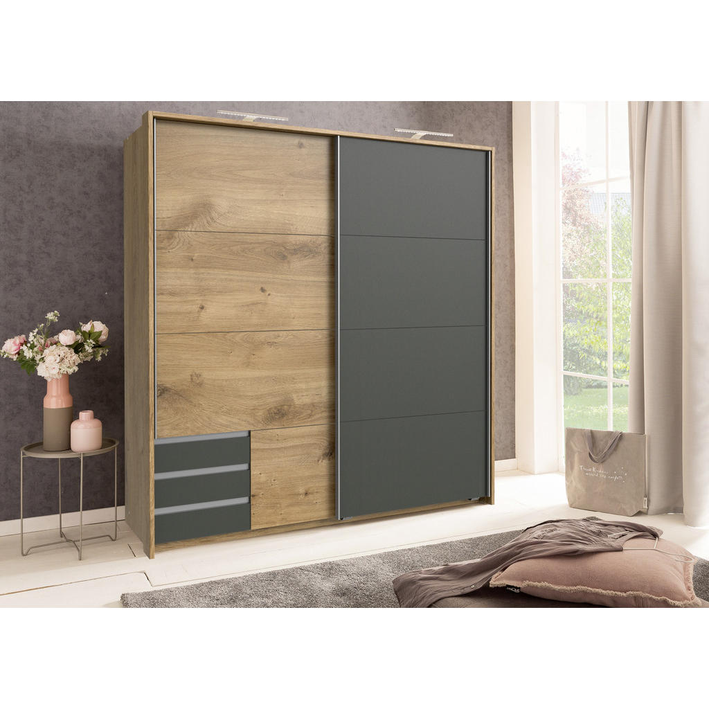 Thumbnail - Mid.you Schwebetürenschrank Wimex Emden, Eiche, Anthrazit, Kunststoff, 4 Fächer, 3 Schubladen, 180x198x64 cm, BQ - Bündn...