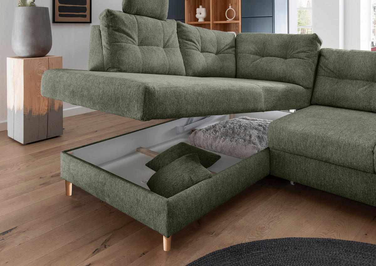 ECKSOFA in Chenille Dunkelgrün  - Dunkelgrün/Naturfarben, Modern, Holz/Textil (206/264cm) - Livetastic