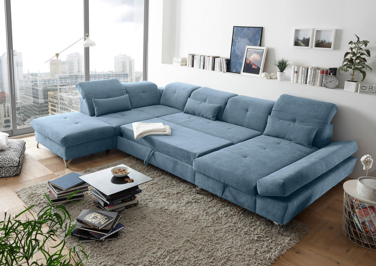 WOHNLANDSCHAFT Blau Mikrovelours  - Blau/Silberfarben, MODERN, Textil/Metall (245/350/168cm) - MID.YOU