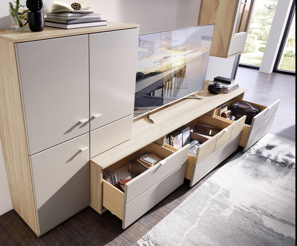 WOHNWAND  in Grau, Buchefarben  285/215/53 cm  - Silberfarben/Buchefarben, KONVENTIONELL, Glas/Holzwerkstoff (285/215/53cm) - Venda