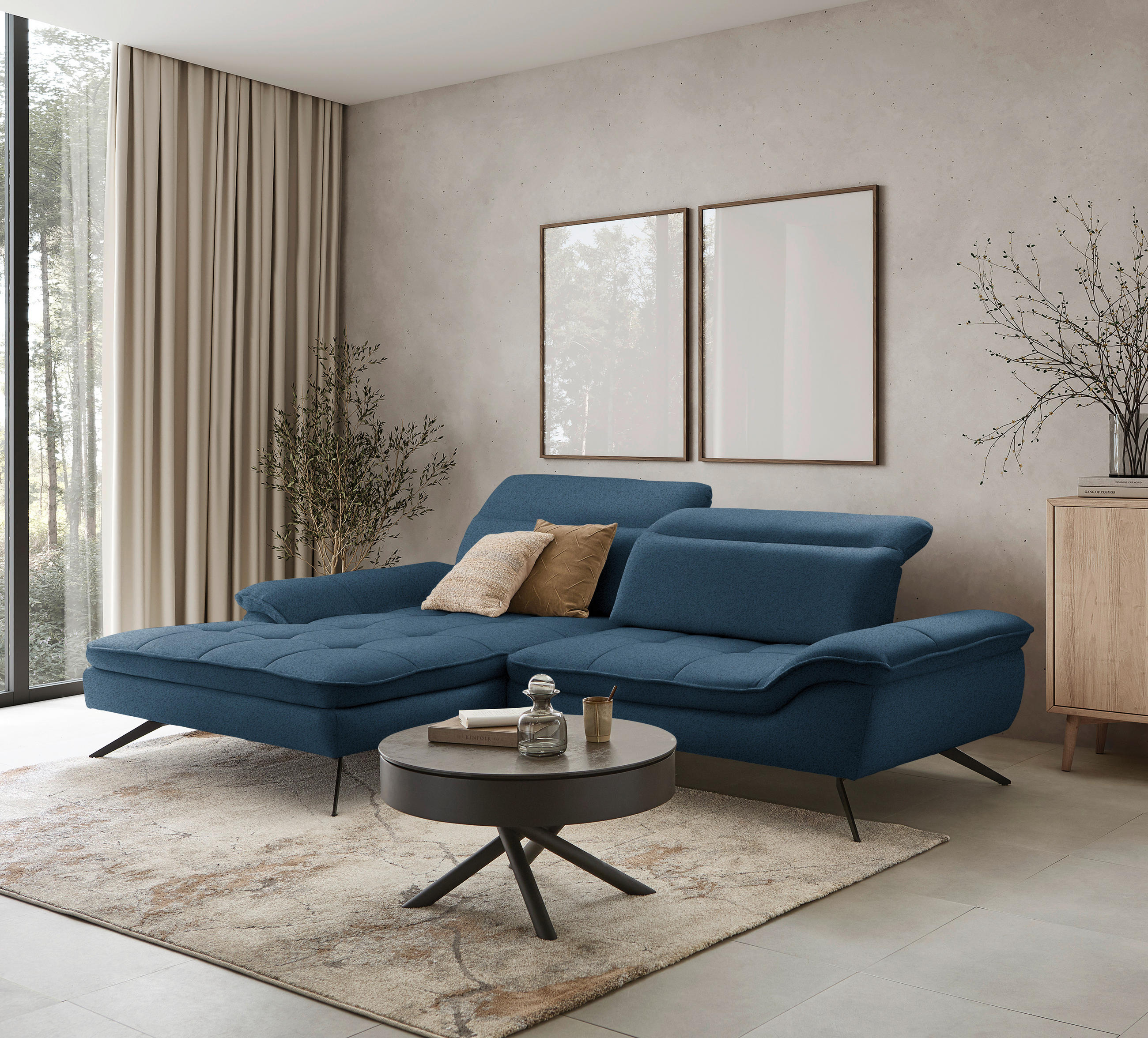 ECKSOFA in Chenille Blau  - Blau/Schwarz, Design, Textil/Metall (179-202/288cm) - Stylife