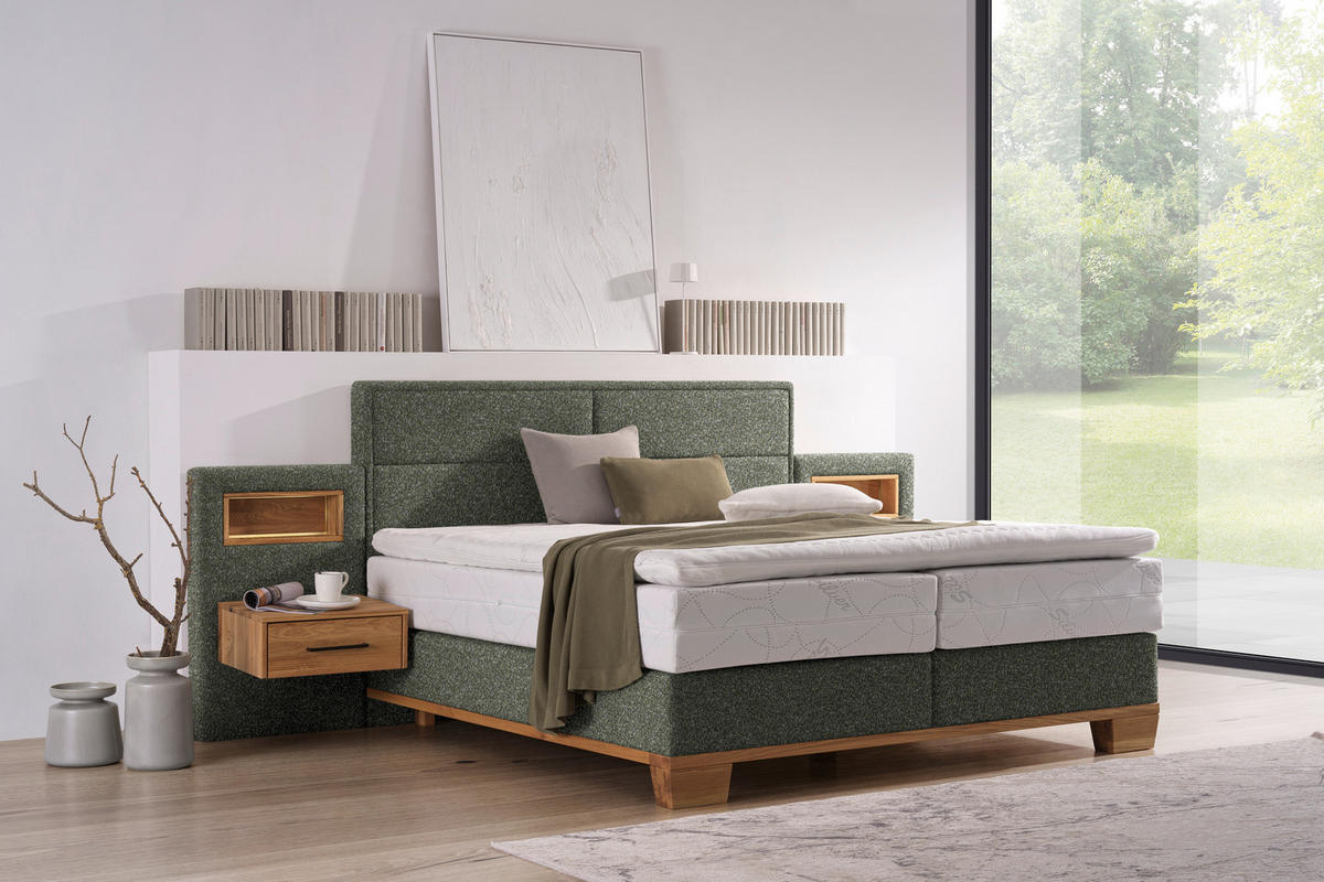 BOXSPRINGBETT 180/200 cm  in Eichefarben, Dunkelgrün  - Dunkelgrün/Eichefarben, Natur, Holz/Textil (180/200cm) - Valnatura