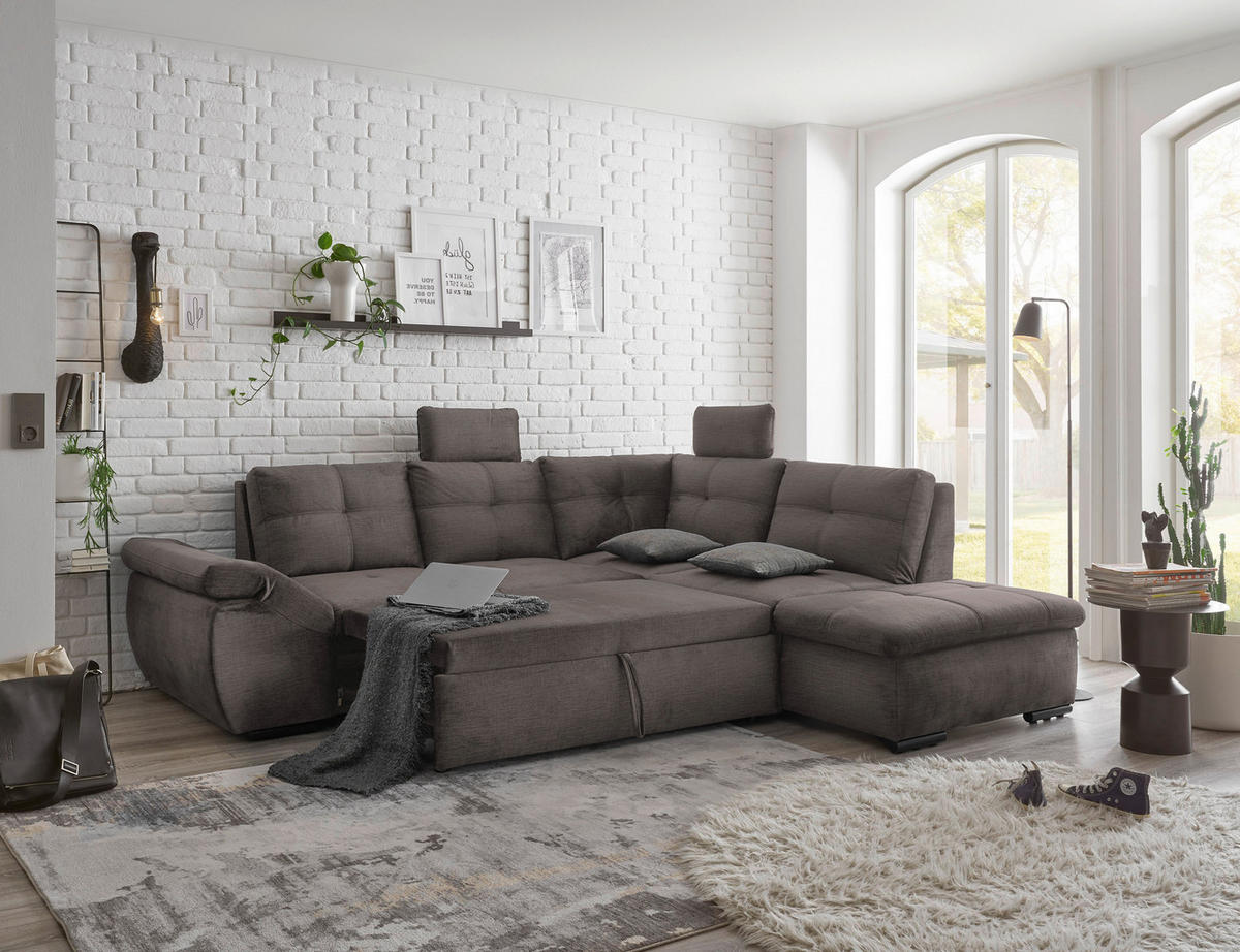 ECKSOFA in Mikrovelours Graubraun  - Graubraun/Schwarz, Konventionell, Kunststoff/Textil (265/217cm) - Carryhome