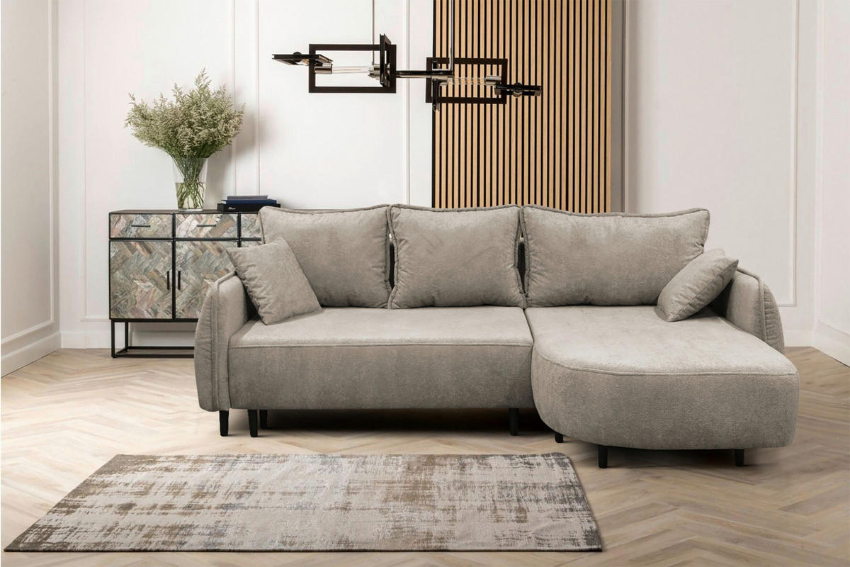 ECKSOFA MURANO Taupe Chenille Zierkissen, Rückenkissen, Bettkasten  - Taupe/Schwarz, Design, Holz/Textil (242/167cm) - MID.YOU