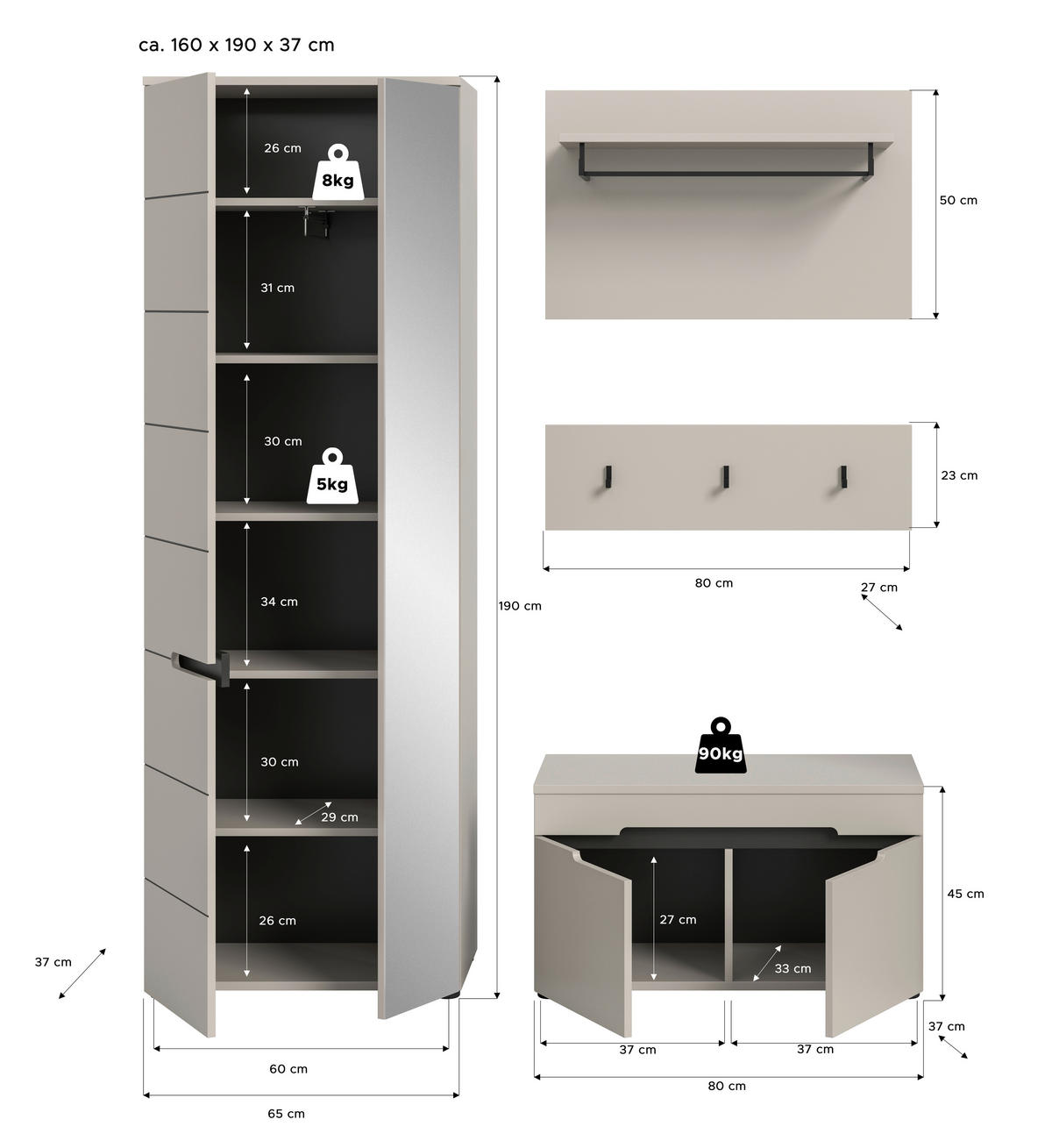 GARDEROBE 3-teilig  in 160/190/37 cm  - Kaschmir/Grau, Design, Holzwerkstoff (160/190/37cm) - MID.YOU