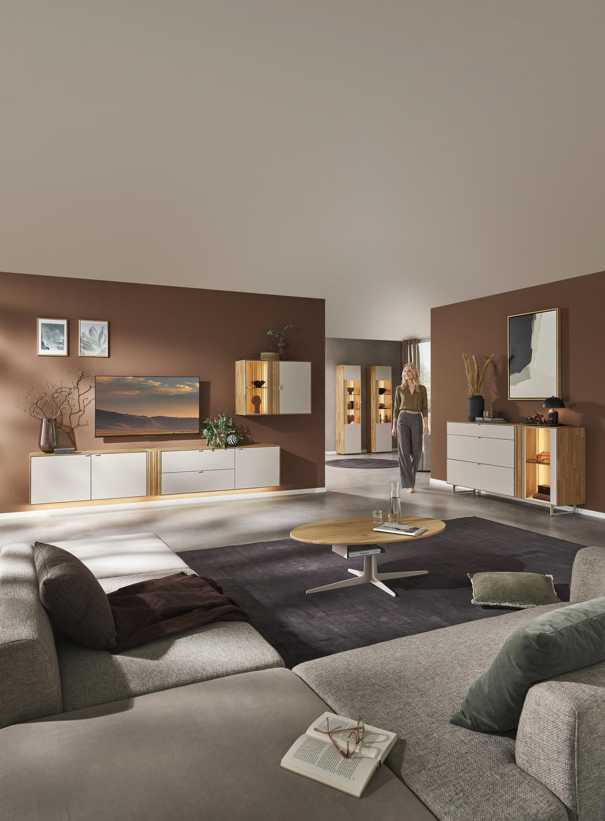 WOHNWAND  in Kaschmir, Wildeiche  333,4/179,3/37,1 cm    - Kaschmir/Wildeiche, Design, Glas/Holz (333,4/179,3/37,1cm) - Dieter Knoll
