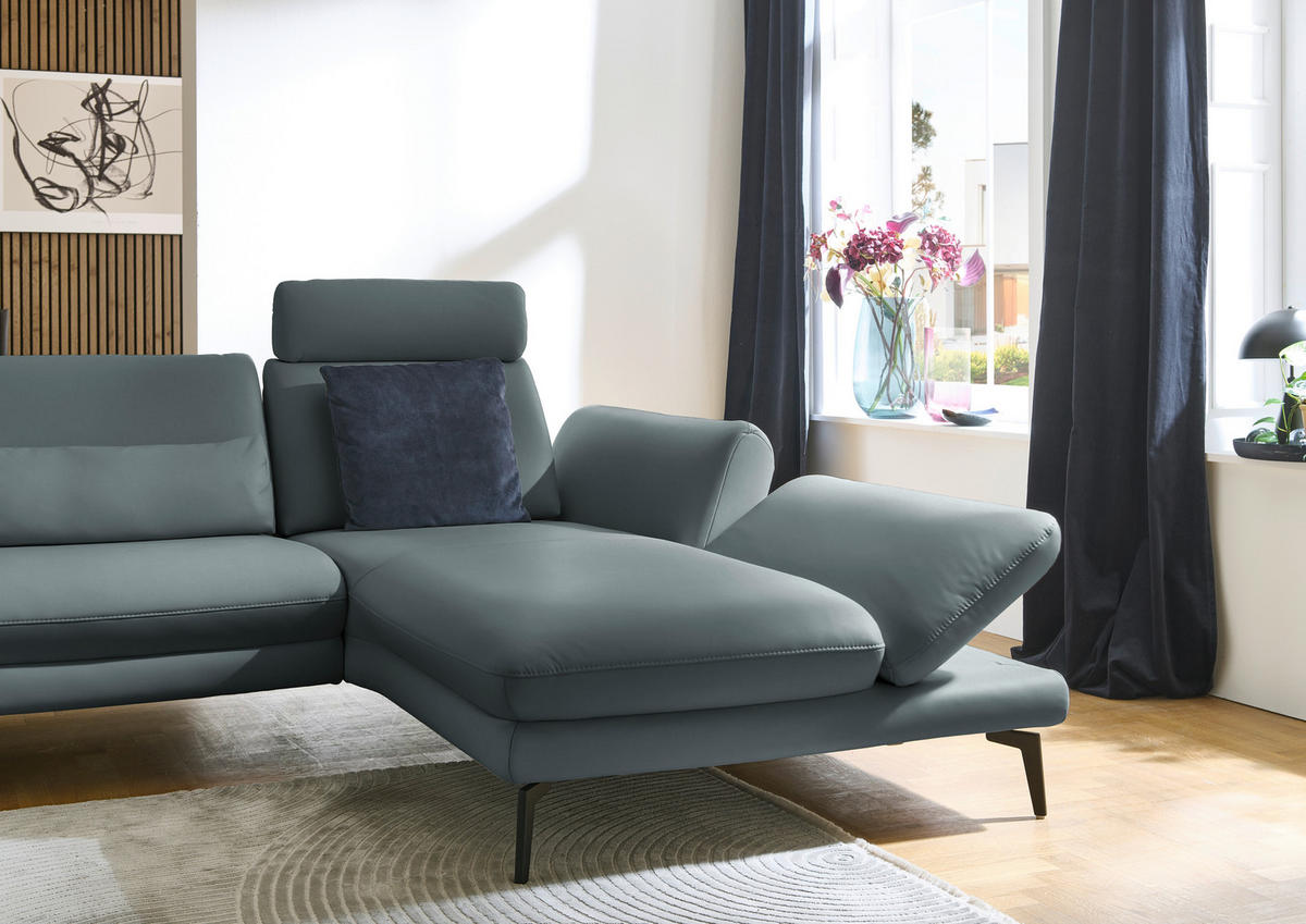 ECKSOFA in Echtleder Blaugrau  - Blaugrau/Schwarz, Design, Leder/Metall (308/195cm) - Dieter Knoll