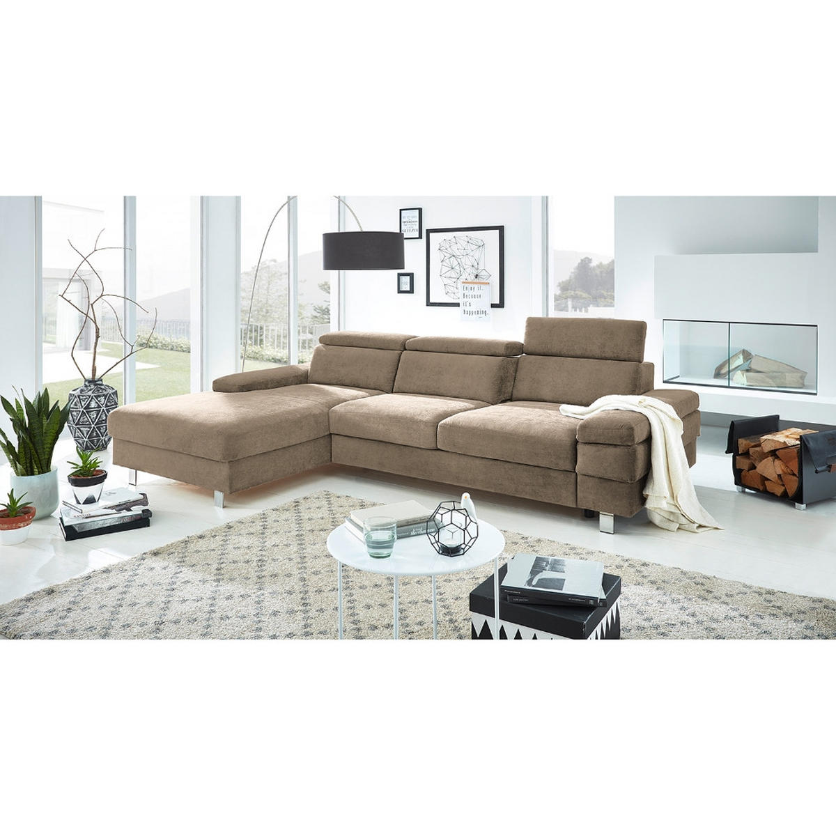 ECKSOFA in Webstoff Schlammfarben  - Schlammfarben/Silberfarben, Konventionell, Textil/Metall (260/82/182cm) - Trendmanufaktur