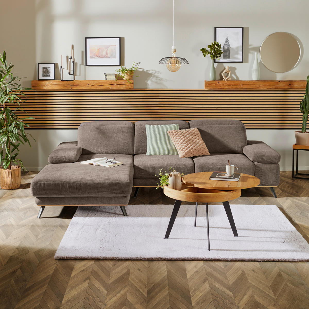 ECKSOFA ROYCE Schlammfarben Struktur  - Schlammfarben/Schwarz, MODERN, Textil/Metall (194/283cm) - MID.YOU