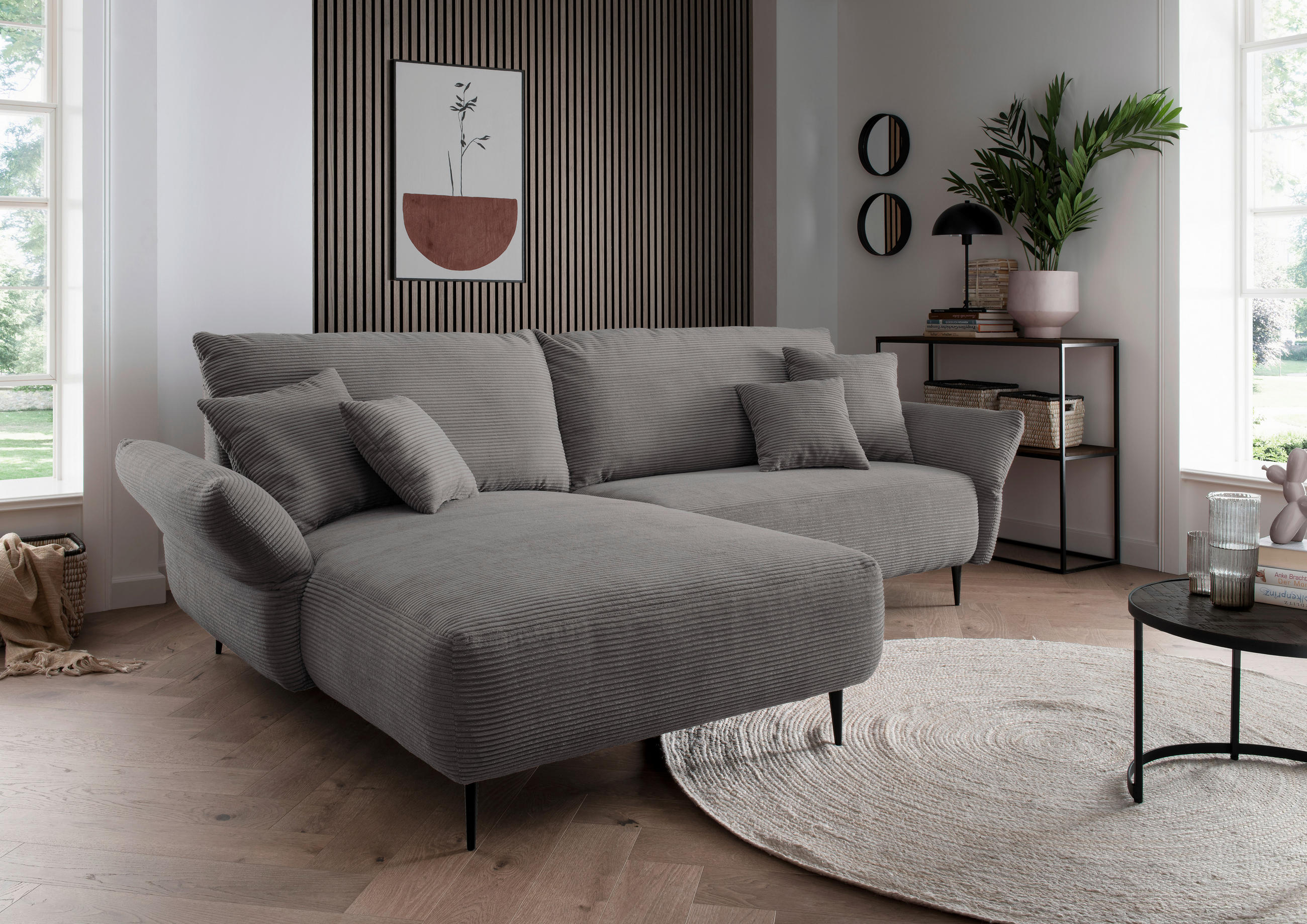 ECKSOFA in Cord Grau  - Schwarz/Grau, Design, Textil/Metall (178/264-302cm) - Livetastic