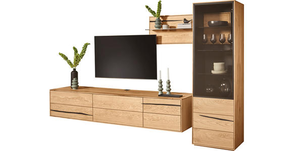 WOHNWAND 3-teilig  in Schwarz, Eichefarben  320/192/50 cm  LED-COB-Leuchtmittel, Dekoleuchtmittel   - Eichefarben/Schwarz, Natur, Glas/Holz (320/192/50cm) - Waldwelt