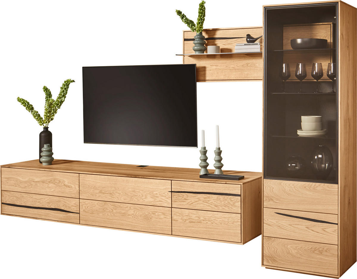 WOHNWAND 3-teilig  in Schwarz, Eichefarben  320/192/50 cm  - Eichefarben/Schwarz, Natur, Glas/Holz (320/192/50cm) - Waldwelt