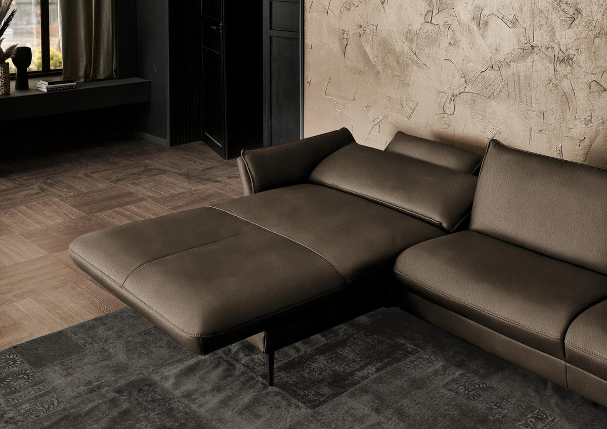 ECKSOFA in Echtleder Dunkelbraun  - Dunkelbraun/Schwarz, Design, Leder/Metall (172/334cm) - Hukla