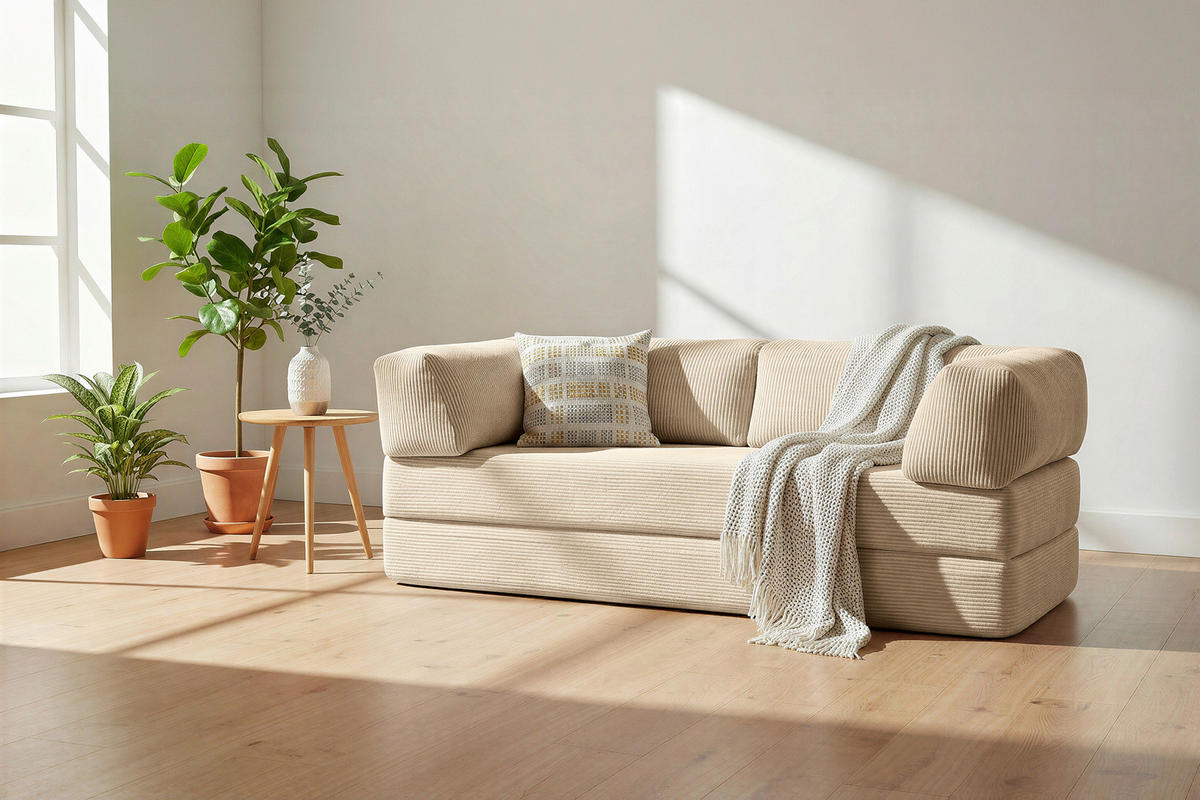 SCHLAFSOFA Cord Creme  - Creme, KONVENTIONELL, Textil/Metall (200/77/80cm) - Carryhome