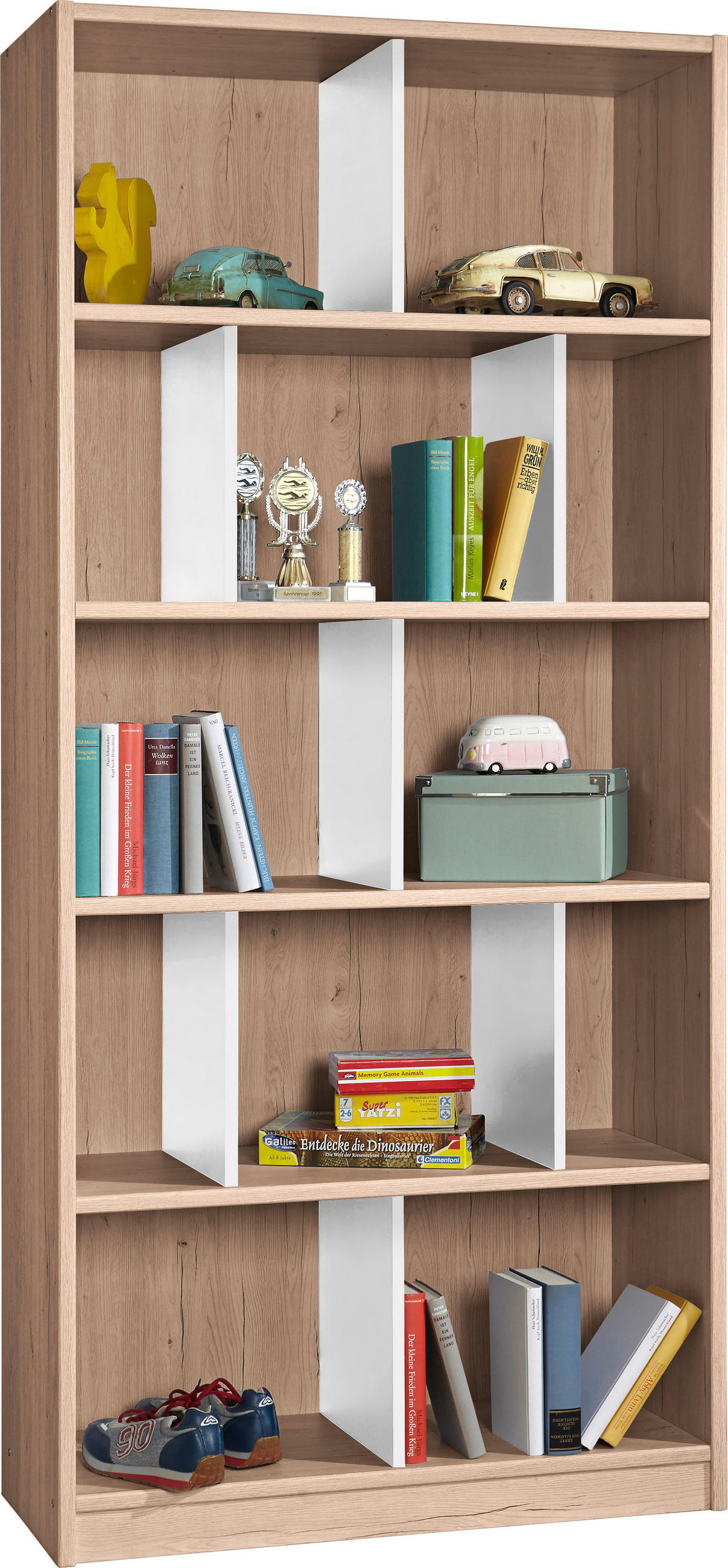 Etajeră, 90/198/38 cm, alb, culoare lemn stejar,