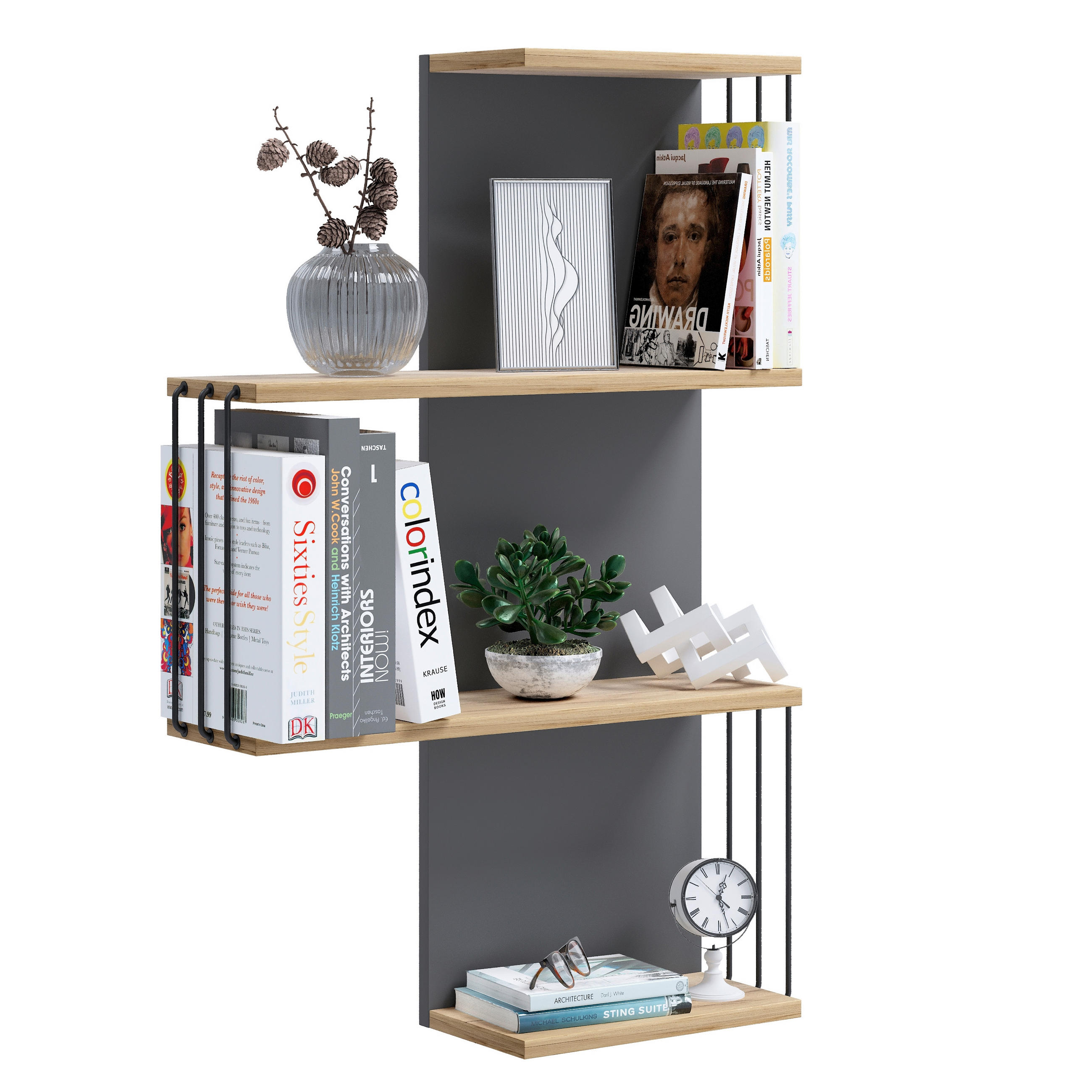 Poliță De Perete 68/98/19 cm, antracit, culoare lemn stejar  - culoare lemn stejar/antracit, Design, material pe bază de lemn (68/98/19cm) - Livetastic