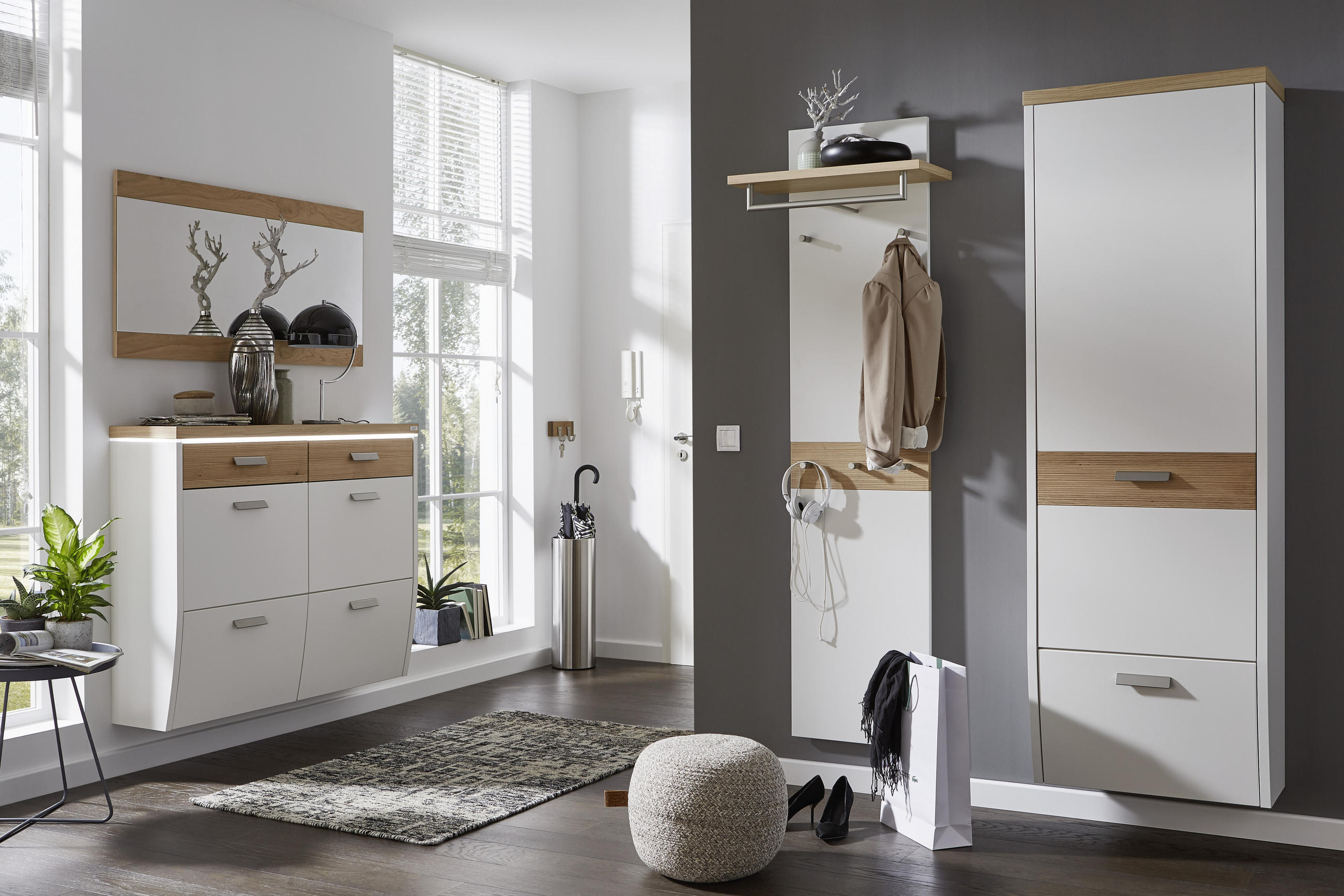 SCHUHSCHRANK Wildeiche furniert, massiv Weiß, Eichefarben - Eichefarben/Silberfarben, Design, Holz/Holzwerkstoff (121/96/31cm) - Dieter Knoll