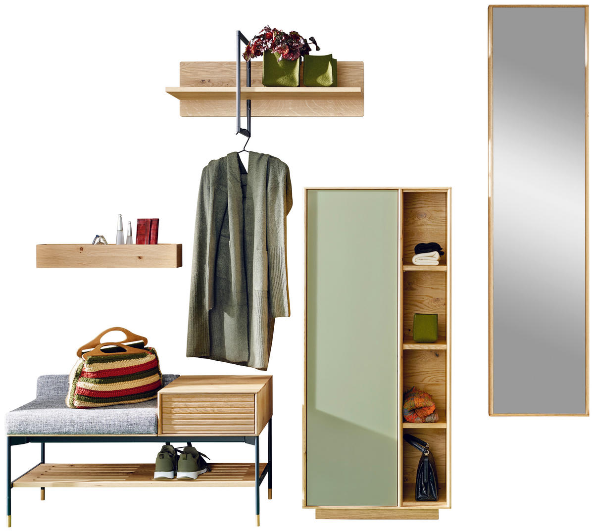 GARDEROBE  in 235,2/214,6/47 cm  - Salbeigrün/Buchefarben, Design, Glas/Holz (235,2/214,6/47cm) - Anrei