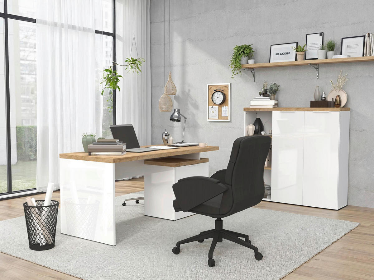 SKRIVBORD 160/75/68 cm vit högglans, ekfärgad förvaringsutrymme  - vit/vit högglans, Modern, metall/trämaterial (160/75/68cm) - Best Price