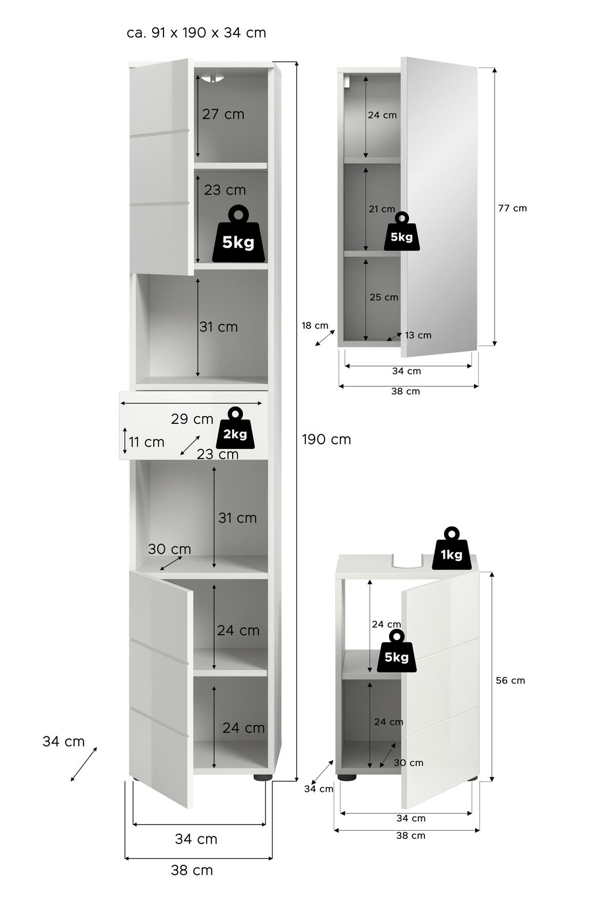BADEZIMMER 3-teilig  in 76 cm  - Weiß Hochglanz/Schwarz, MODERN, Holzwerkstoff/Kunststoff (76cm) - MID.YOU