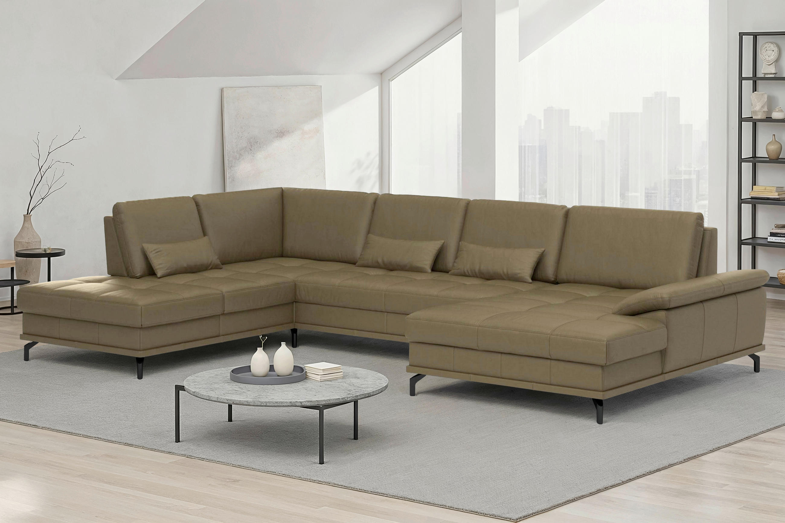 WOHNLANDSCHAFT  Echtleder Olivgrün  - Schwarz/Olivgrün, Basics, Leder/Textil (223/363/176cm) - Sit & More
