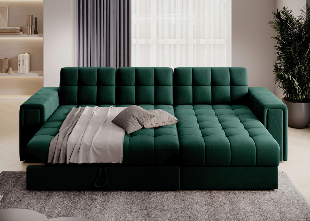 ECKSOFA Plüsch Grün  - Schwarz/Grün, Design, Kunststoff/Textil (260/150cm) - MID.YOU