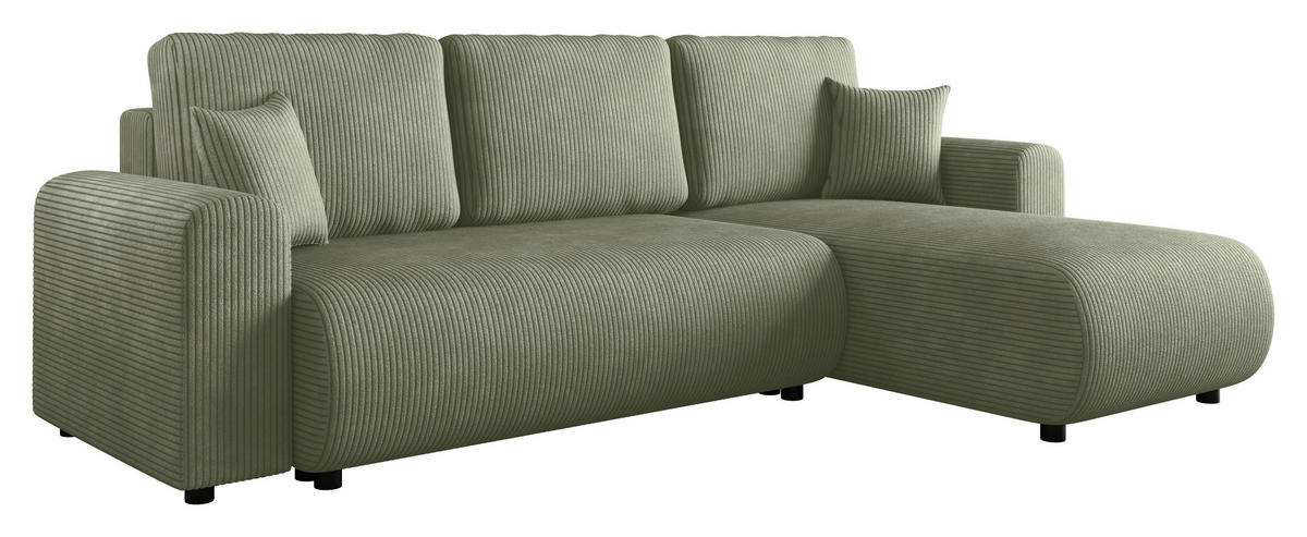 ECKSOFA Grün Cord Zierkissen, Rückenkissen, Schlaffunktion, Rücken echt, Stauraum, Liegefläche im Originalstoff  - Schwarz/Grün, KONVENTIONELL, Kunststoff/Textil (246/152cm) - Xora