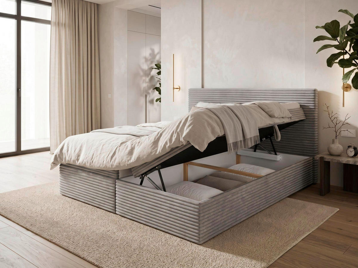 BOXBETT 180/200 cm,  in Grau, Bettkasten, Topper, H3 + H3 = fest  - Chromfarben/Grau, MODERN, Holz/Kunststoff (180/200cm) - MID.YOU