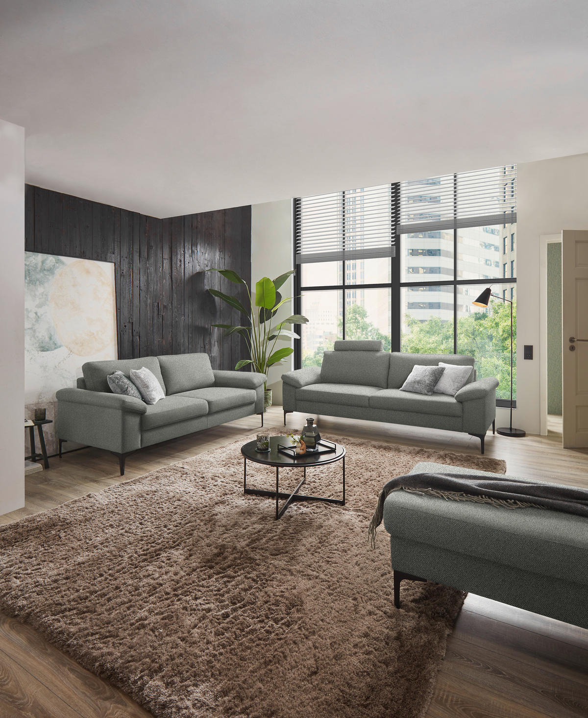 3-SITZER-SOFA in Flachgewebe Graugrün  - Schwarz/Graugrün, Design, Textil/Metall (226/89/97cm) - Pure Home Lifestyle