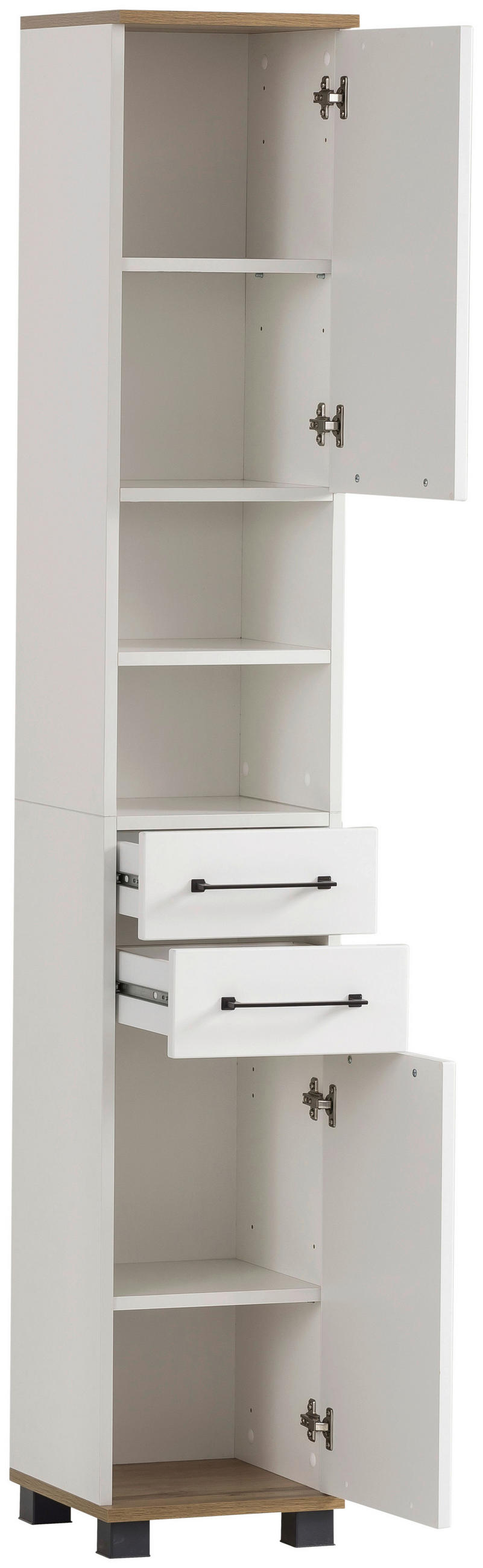 Thumbnail - Stylife Hochschrank Jelda, Weiß, Eiche, Metall, 3 Fächer, 2 Schubladen, 30.3x180.9x32.6 cm, Made in Germany, stehend, Zu...