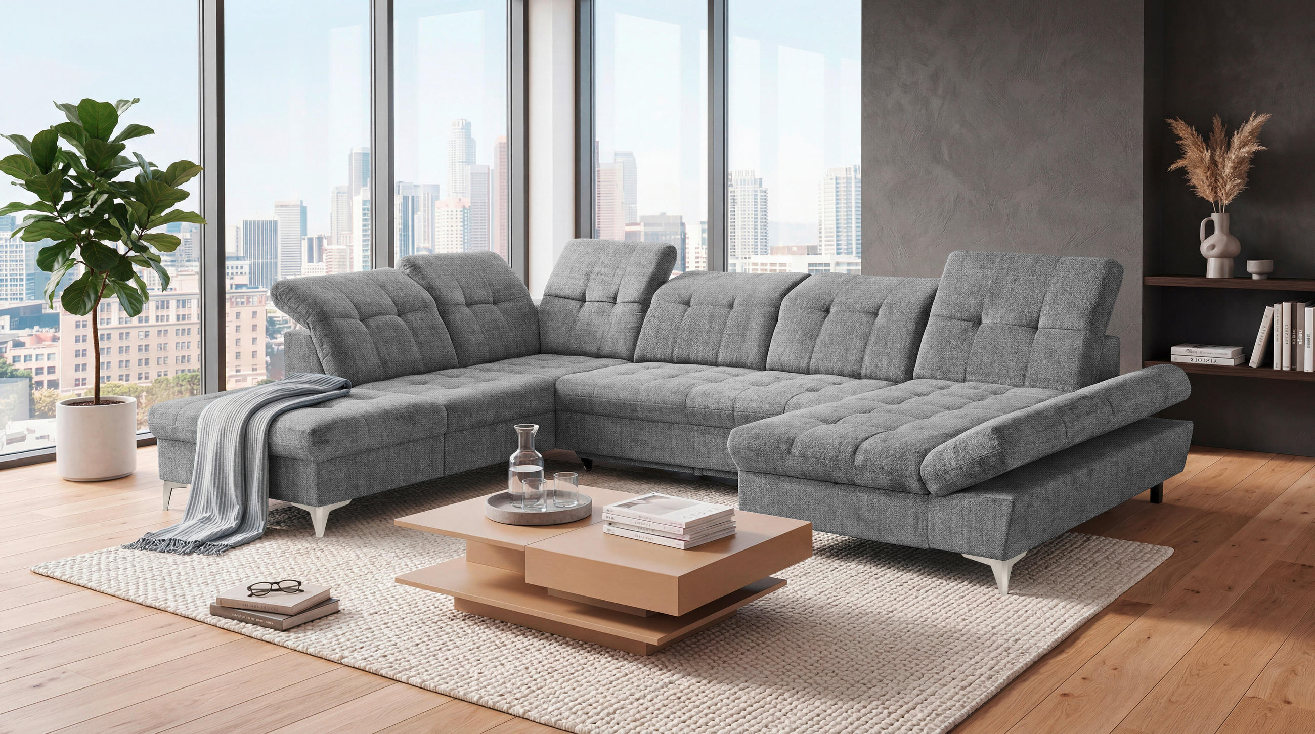 WOHNLANDSCHAFT Mikrovelours Grau  - Kaschmir/Grau, Modern, Kunststoff/Textil (245/348/168cm) - MID.YOU