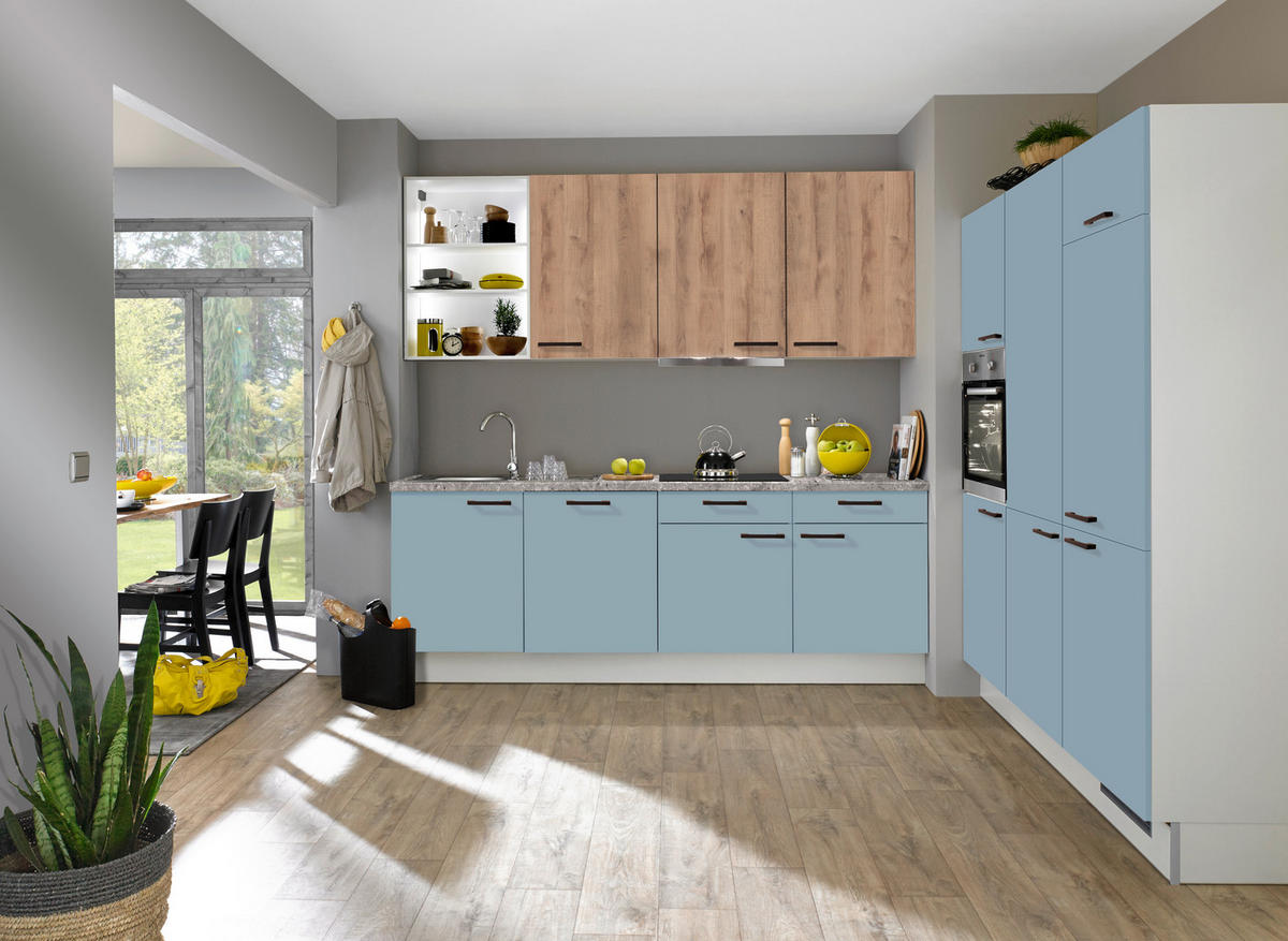 ECKKÜCHE 240/180 cm  in Eichefarben, Hellgrau, Pastellblau  - Pastellblau/Eichefarben, Design, Holzwerkstoff/Metall (240/180cm) - Xora