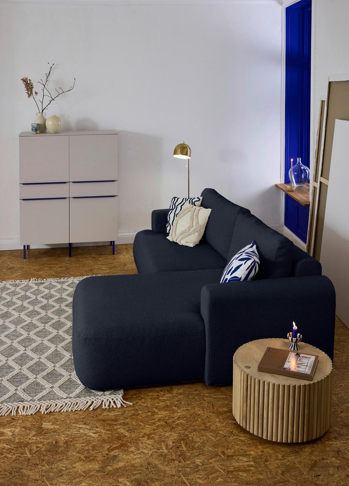 ECKSOFA Dunkelblau Bouclé Rückenkissen, Rücken echt  - Schwarz/Dunkelblau, KONVENTIONELL, Kunststoff/Textil (257/170cm) - Tom Tailor