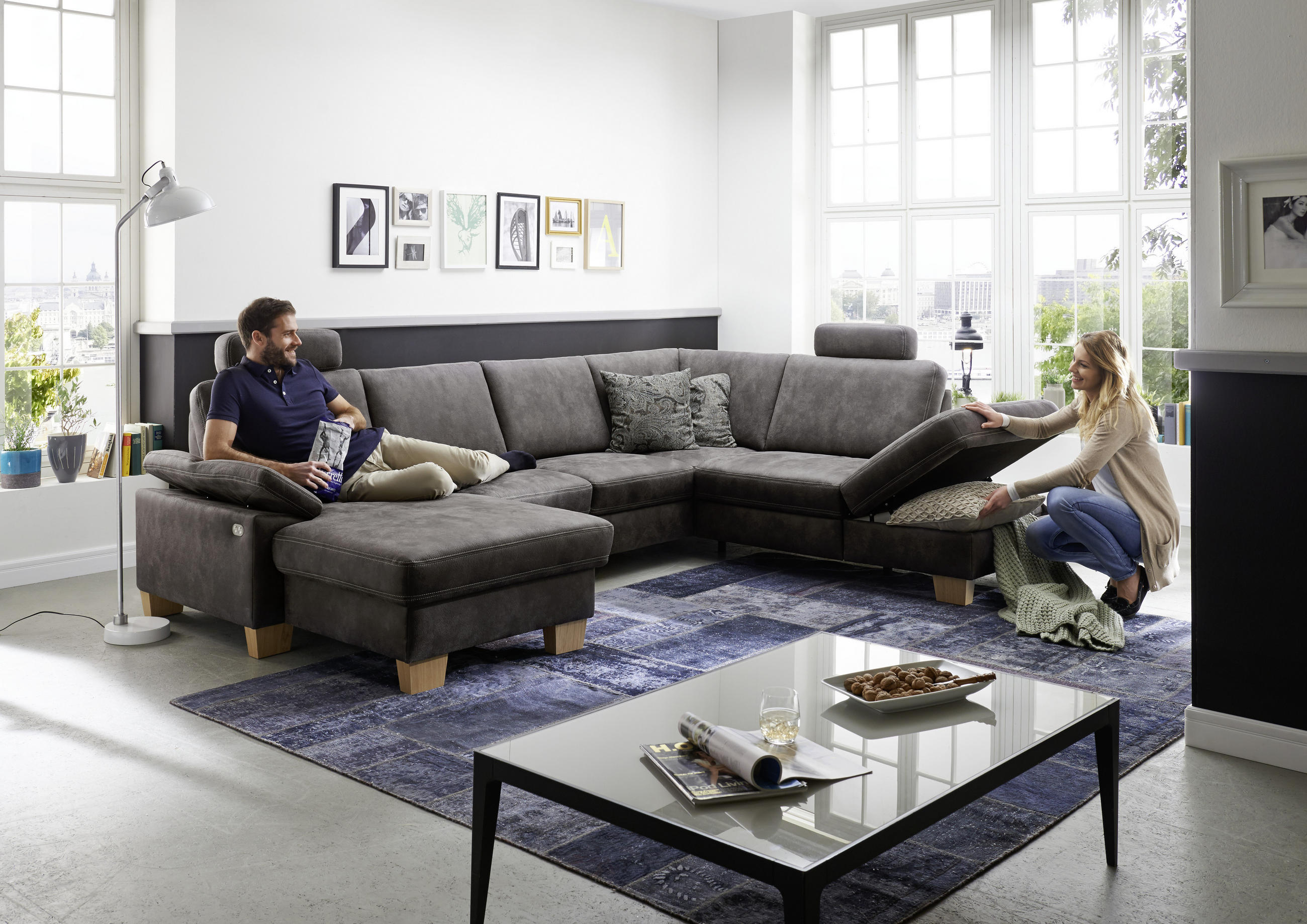 WOHNLANDSCHAFT Grau Mikrofaser - Eichefarben/Beige, Design, Holz/Textil (235/316/167cm) - Beldomo System