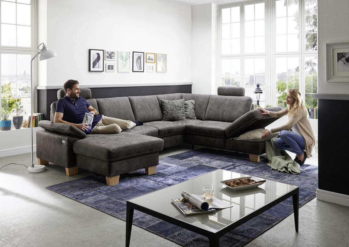 WOHNLANDSCHAFT Grau Mikrofaser  - Eichefarben/Beige, Design, Holz/Textil (235/316/167cm) - Beldomo System